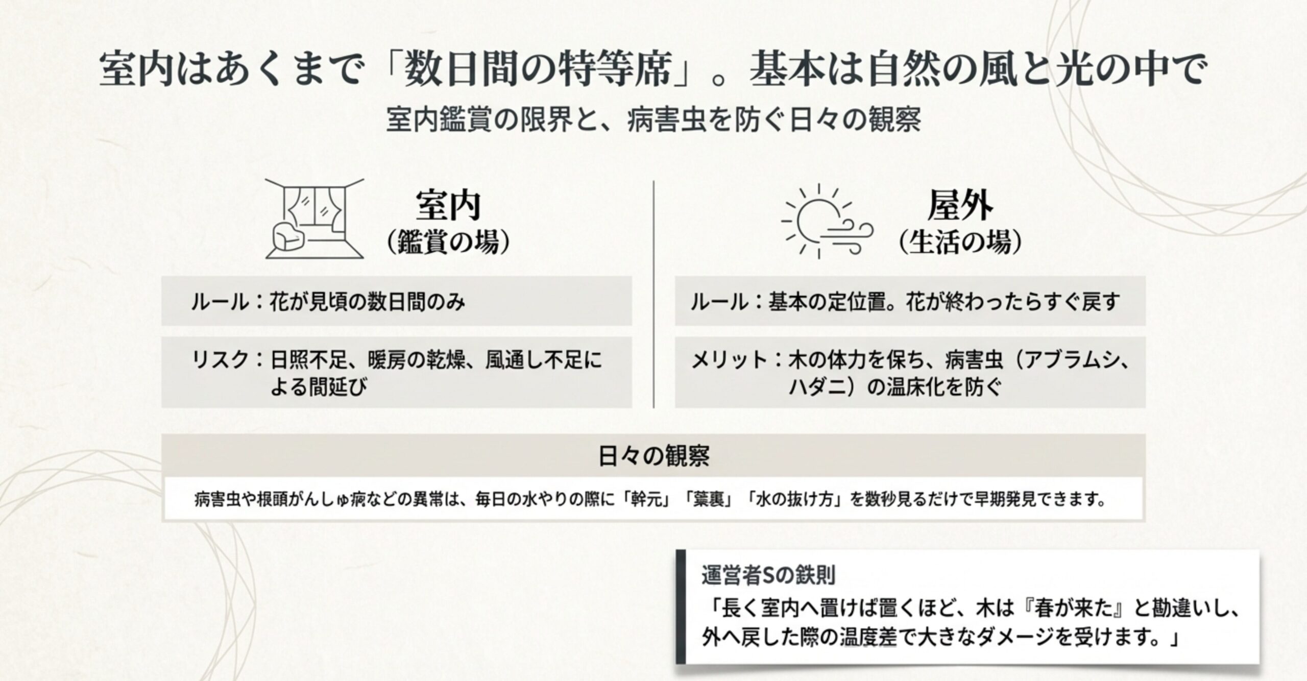 室内鑑賞を数日間にとどめる「3日間ルール」の視覚化と、屋外管理による病害虫予防のメリット
