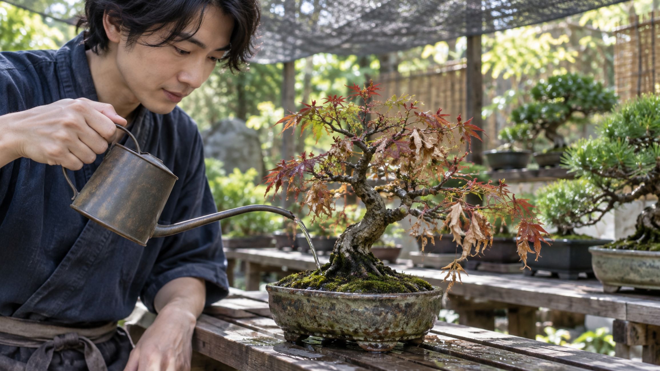 弱ったもみじ盆栽に細口ジョウロで水やりする様子