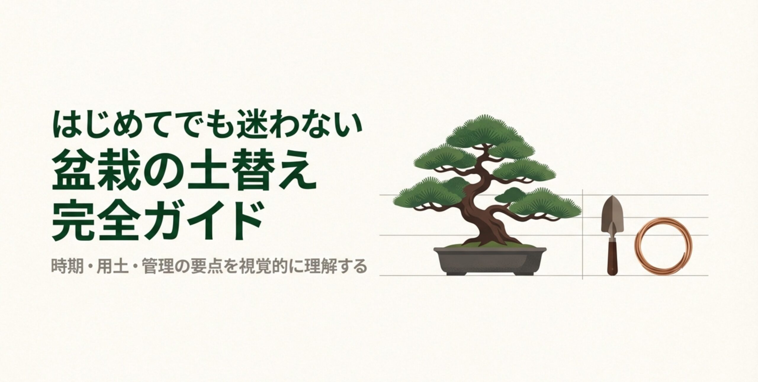 はじめてでも迷わない盆栽の土替え完全ガイドのタイトルスライド。時期・用土・管理の要点を解説 。