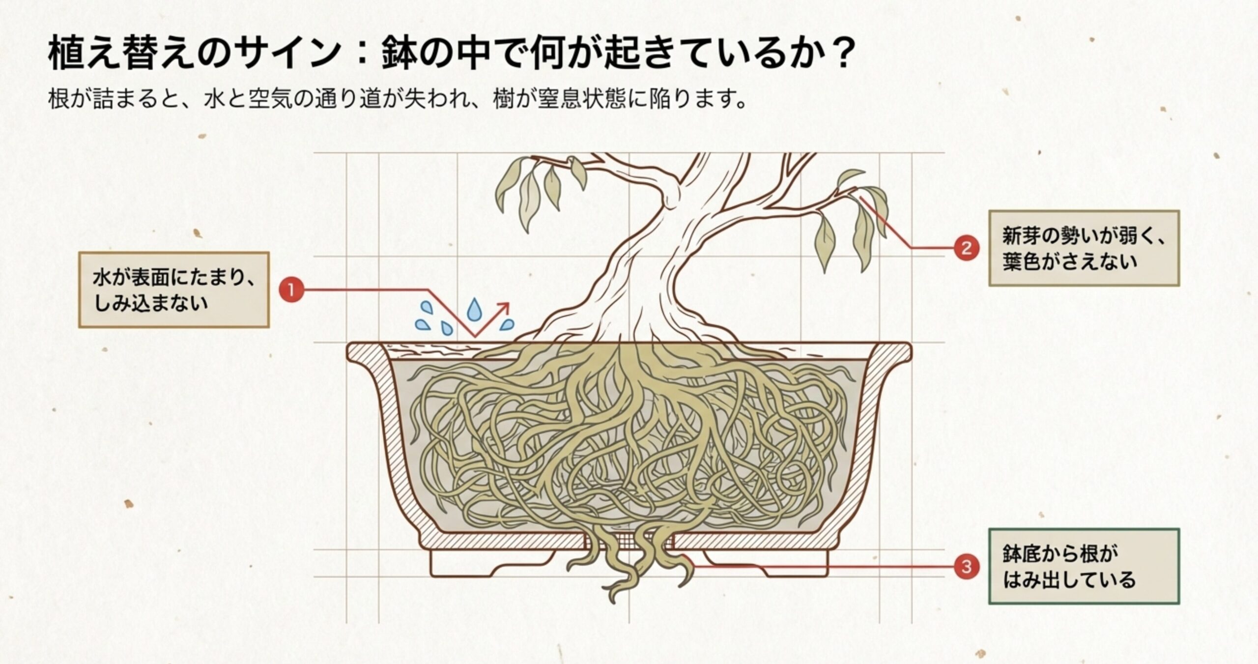 水が表面にたまる、新芽の勢いが弱い、鉢底から根がはみ出しているという、土替えが必要な3つのサインのイラスト 。