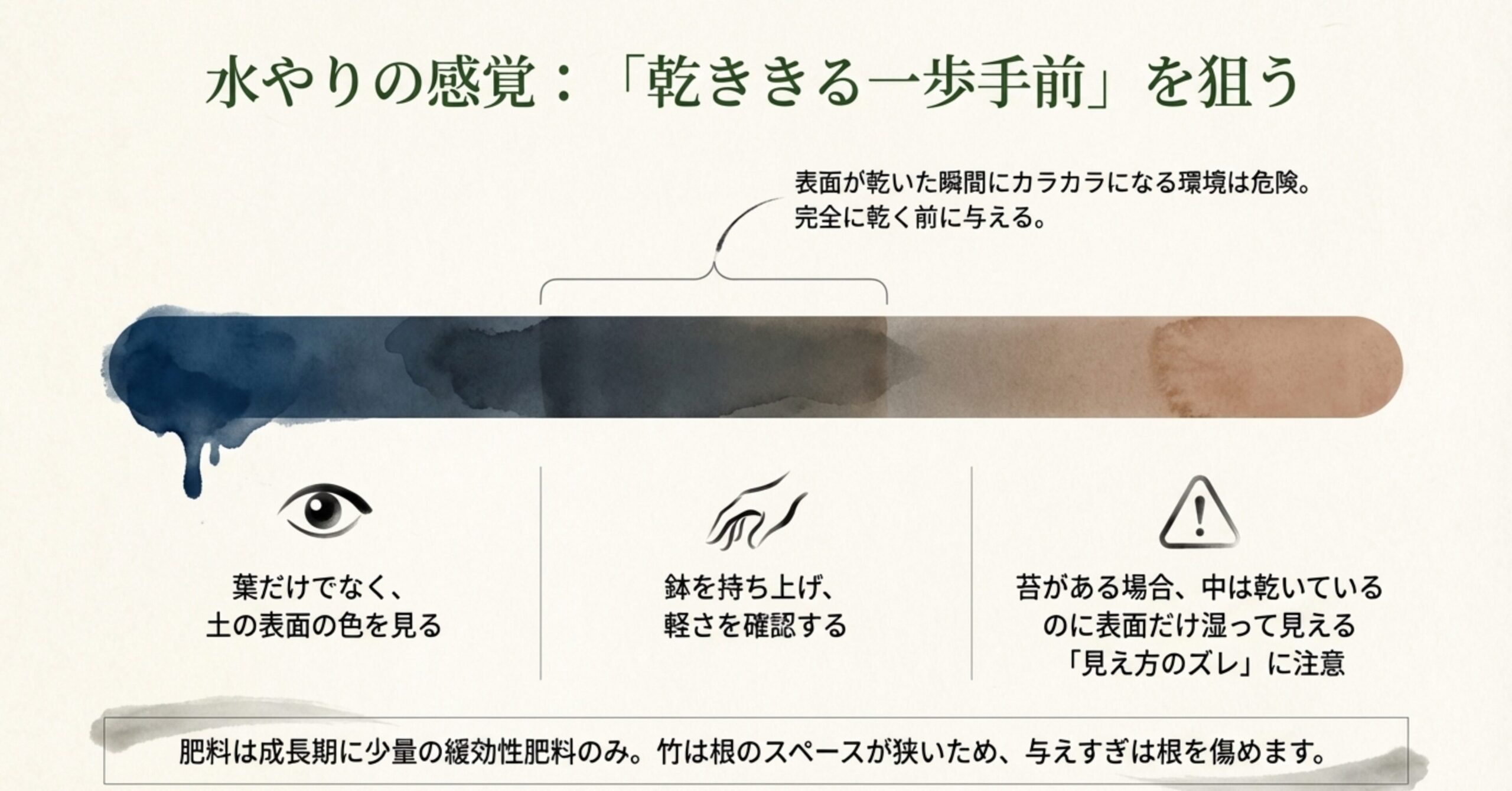 表面の土の色や鉢の軽さから乾き具合を確認する方法を解説した図 。完全に乾ききる一歩手前で水を与えることや、苔による見え方のズレへの注意喚起が記載されている