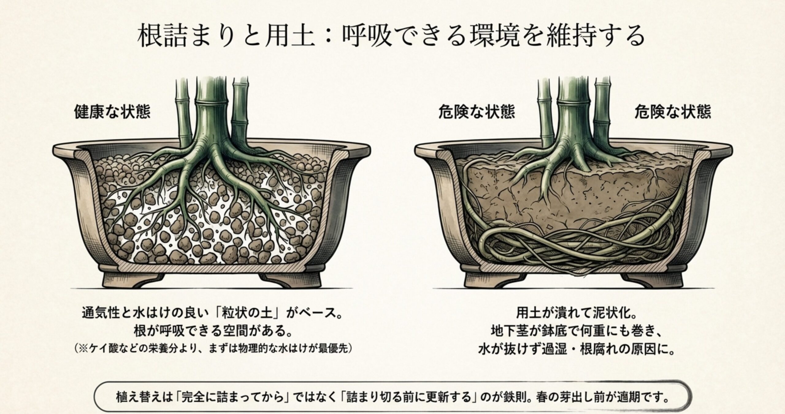 鉢の中の根の状態を比較したイラスト。左側は粒状の土で根が呼吸できる健康な状態 、右側は土が泥状化し地下茎が鉢底で巻いて過湿・根腐れを起こす危険な状態を描いている 。