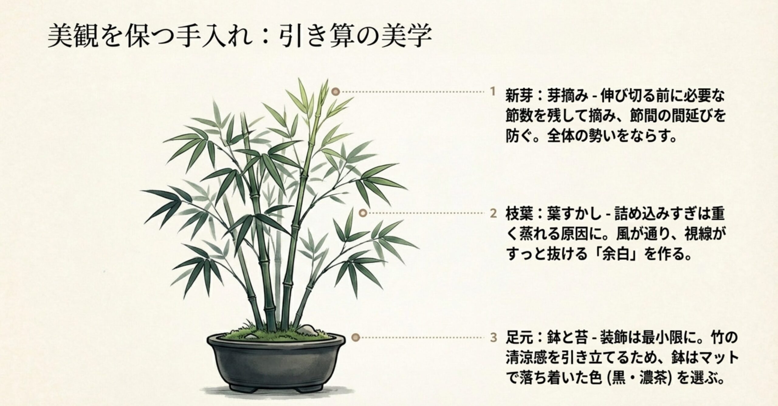 竹盆栽の美しさを保つための「芽摘み」「葉すかし」「鉢と苔」の3つの手入れ方法を解説したスライド 。引き算の美学をテーマにしている 。