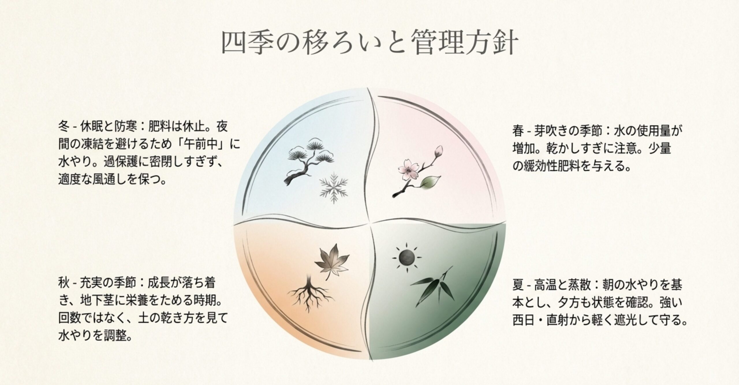 春夏秋冬それぞれの季節に合わせた竹盆栽の水やりや環境管理の方針をまとめた円形の図解 。