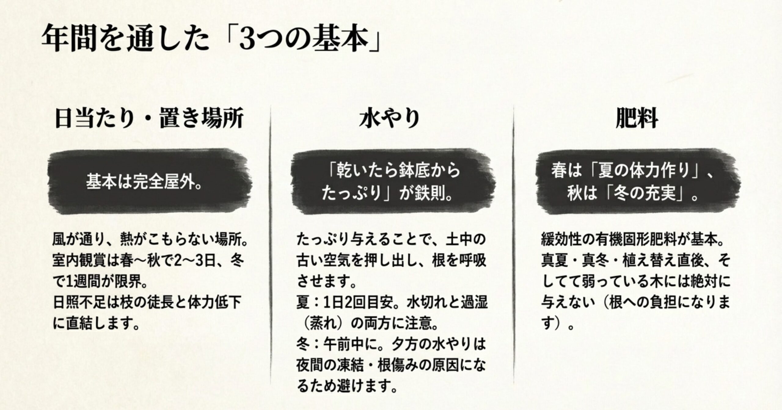 日当たり・水やり・肥料という年間を通した3つの基本管理のポイントをまとめた表