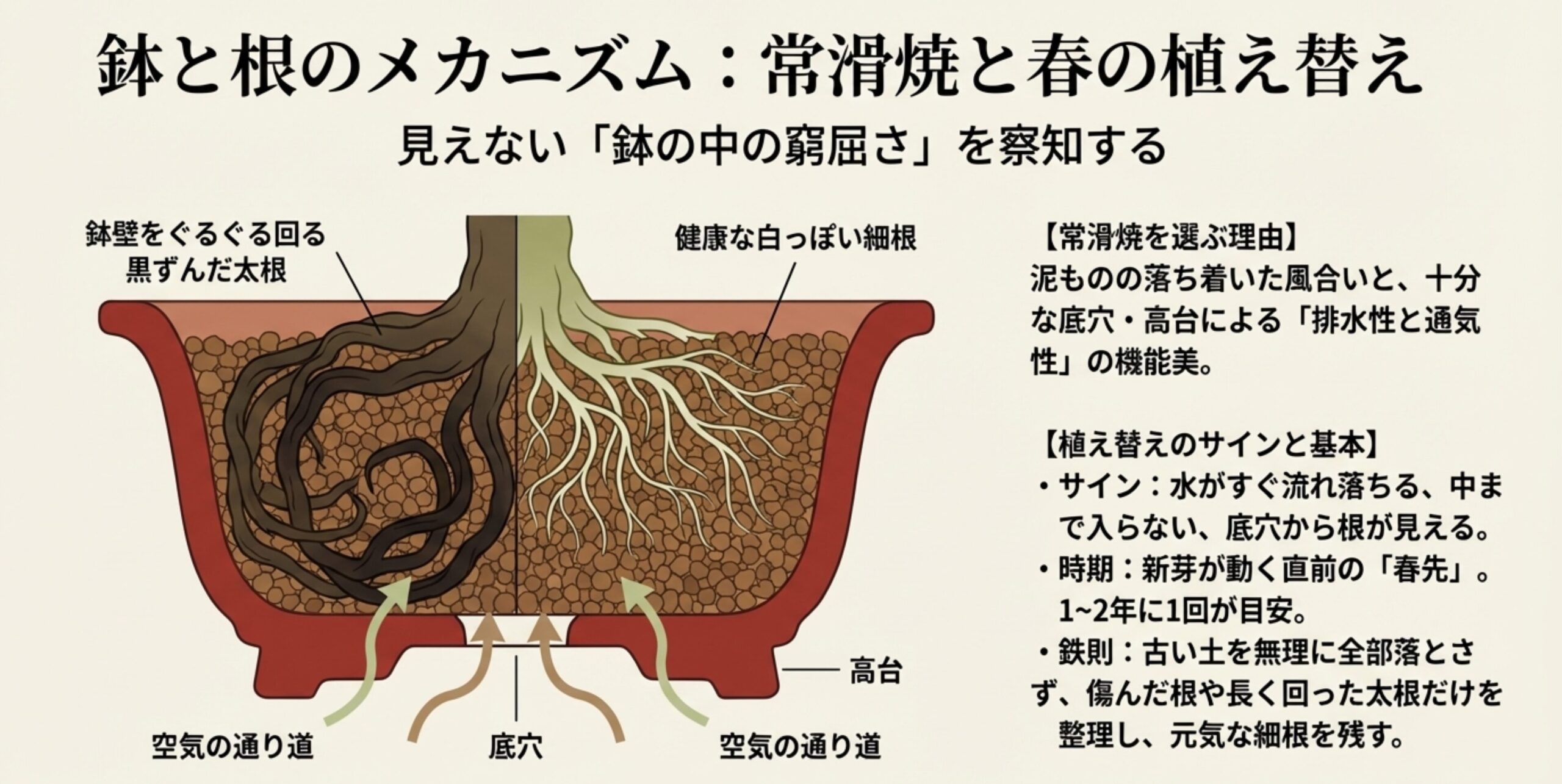 常滑焼の鉢の断面図。鉢壁を回る太根と健康な細根、底穴や高台を通る空気の通り道が図解されており、植え替えのサインや基本が記載されている 。