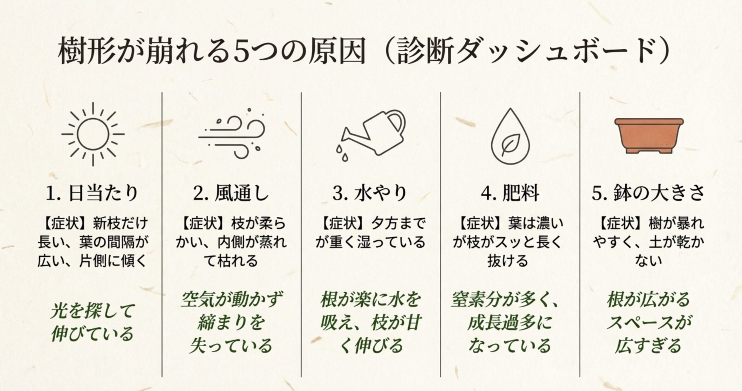 日当たり、風通し、水やり、肥料、鉢の大きさという5つの原因と、それぞれの症状を一覧表でまとめた診断ダッシュボード