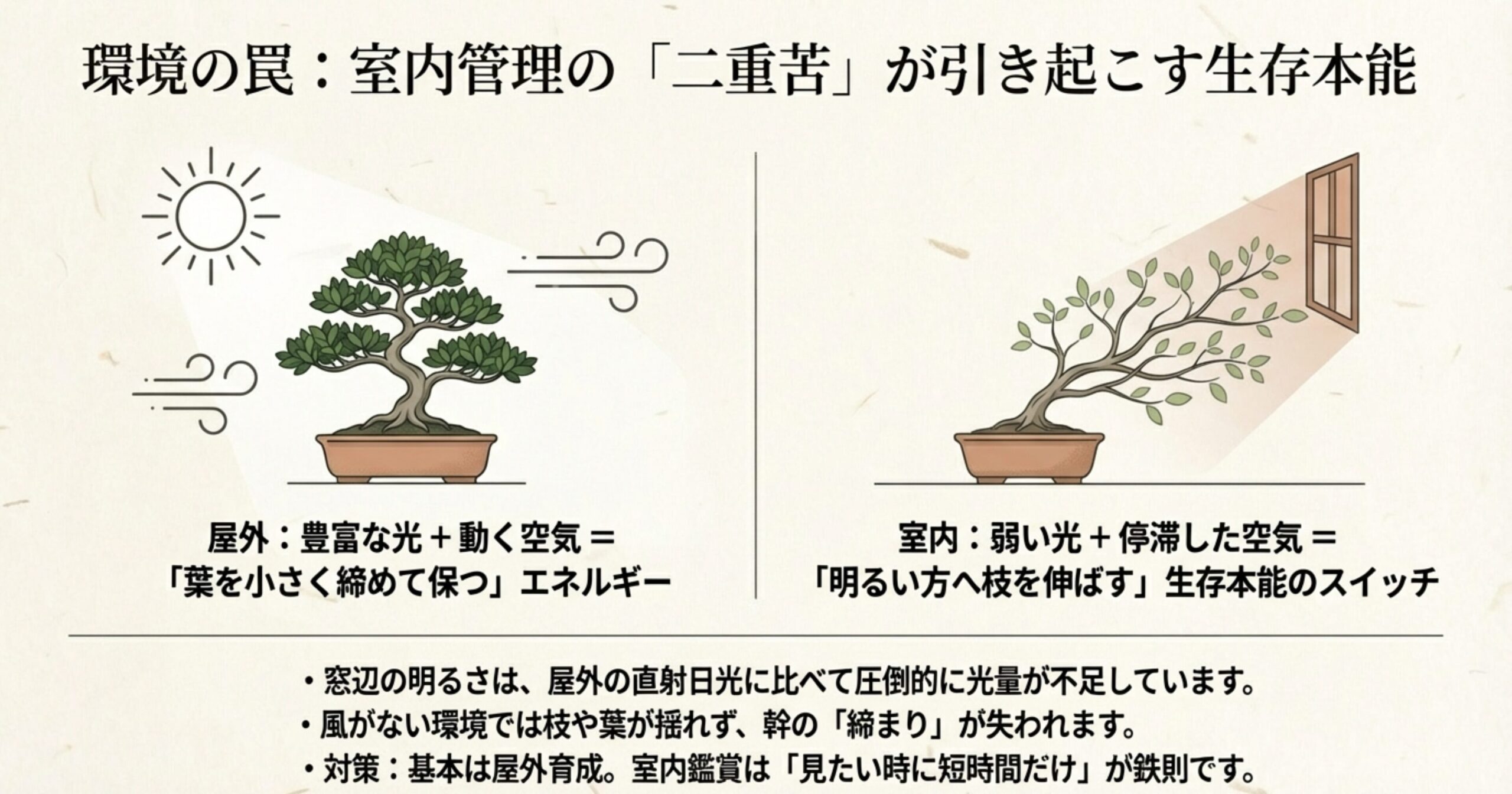 豊富な光と動く空気がある屋外の盆栽と、弱い光と停滞した空気の室内で窓に向かって枝を伸ばす盆栽を対比させたイラスト