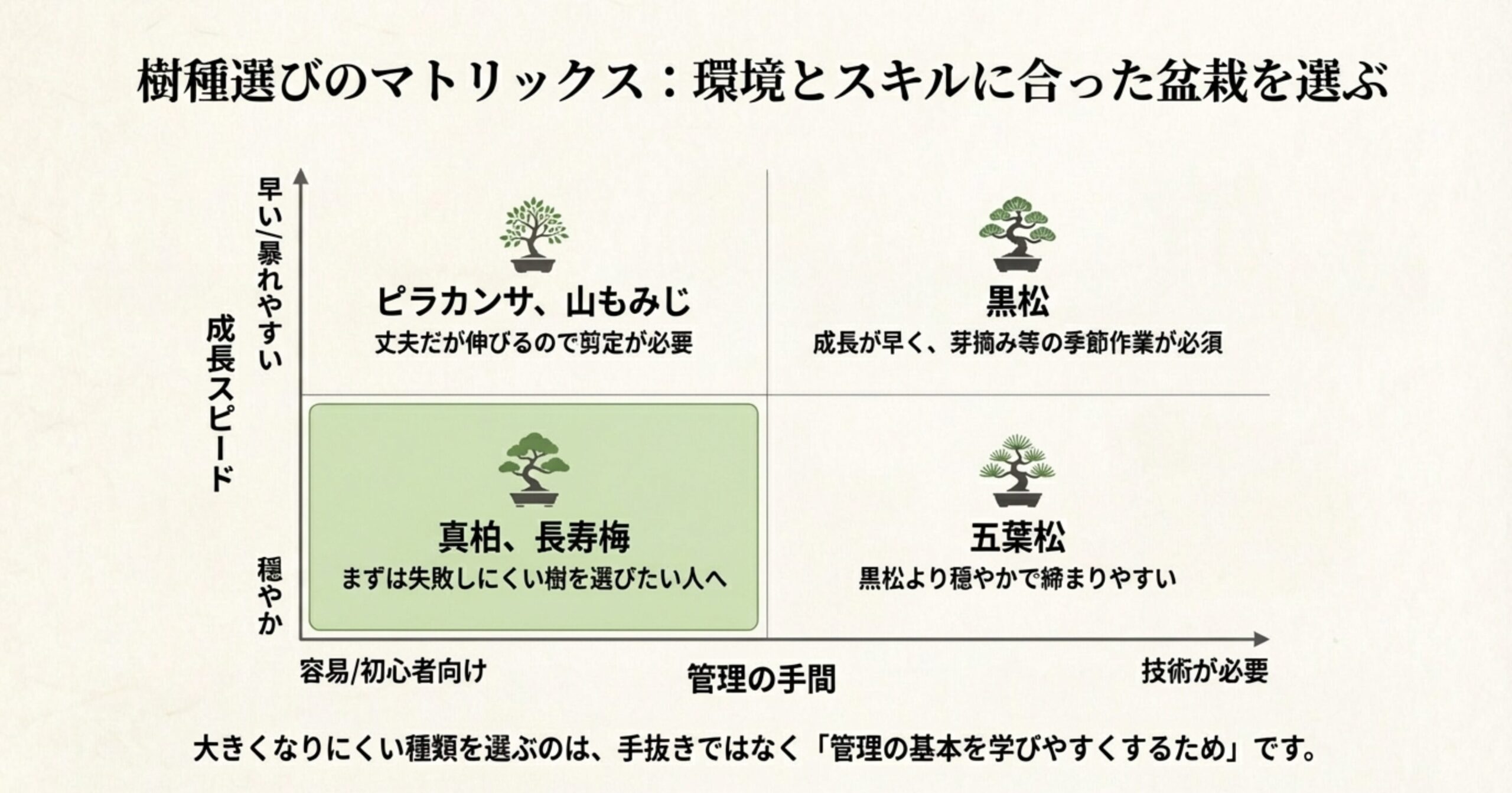 成長スピード(早い・穏やか)と管理の手間(容易・技術が必要)の2軸で、真柏、五葉松、黒松、ピラカンサなどの樹種を分類したマトリックス図