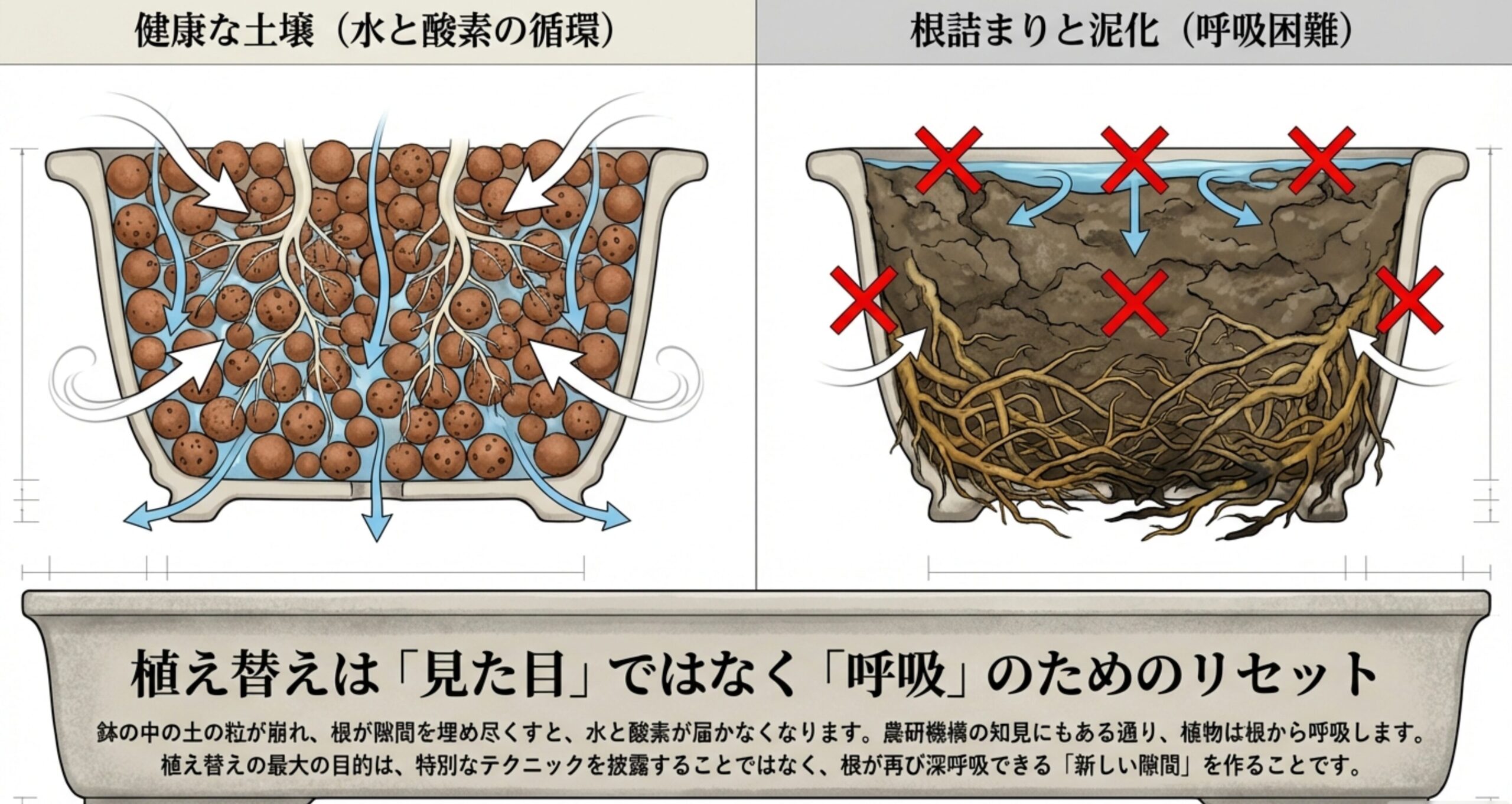 盆栽の鉢内における健康な土壌（水と酸素の循環）と、根詰まりして泥化した土壌（呼吸困難）の比較図