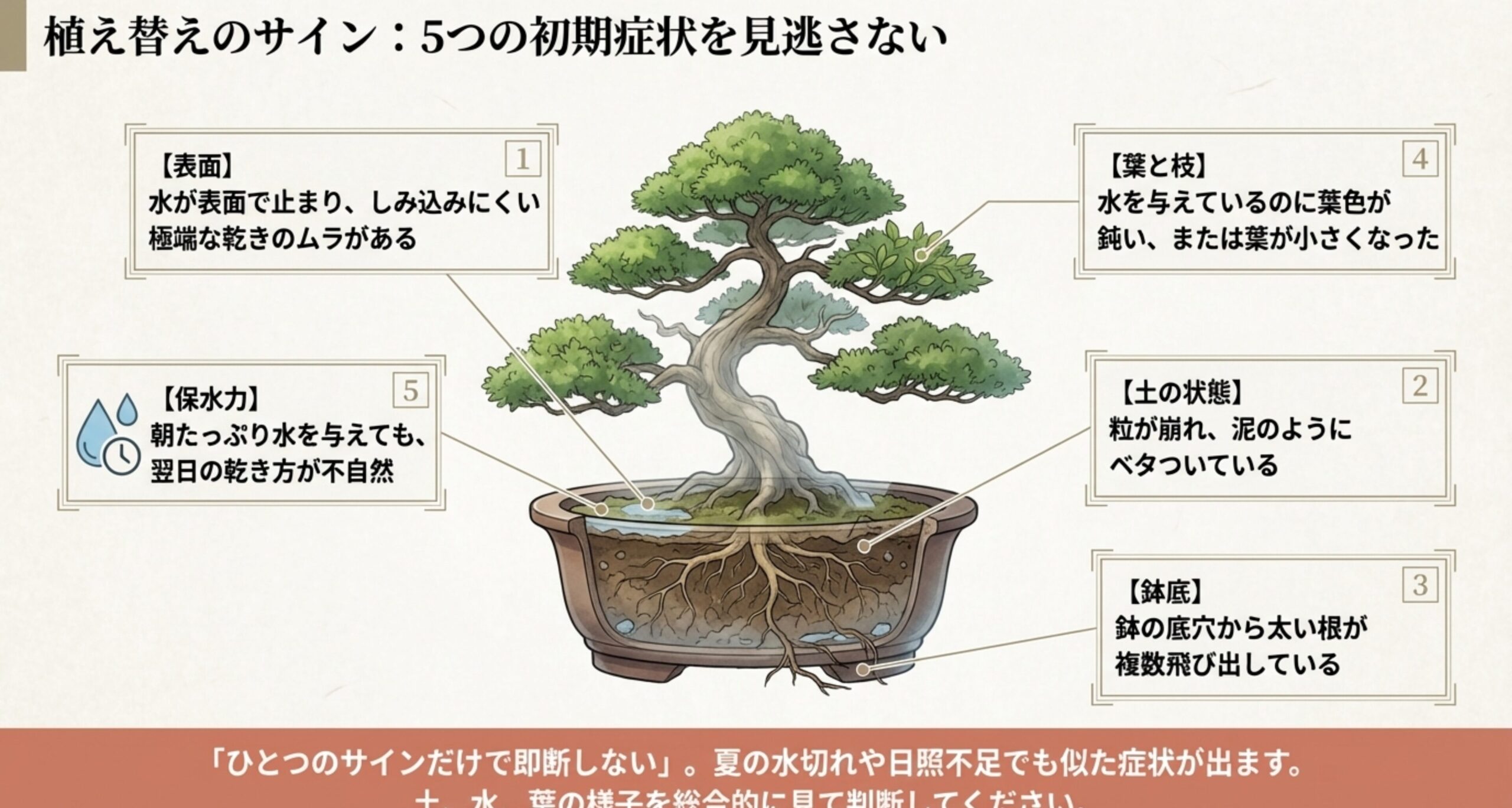 水のしみ込みにくさ、土の泥化、鉢底からの根の飛び出し、葉色の鈍化、保水力の異常など、ミニ盆栽の植え替えが必要な5つの初期症状を示す図解