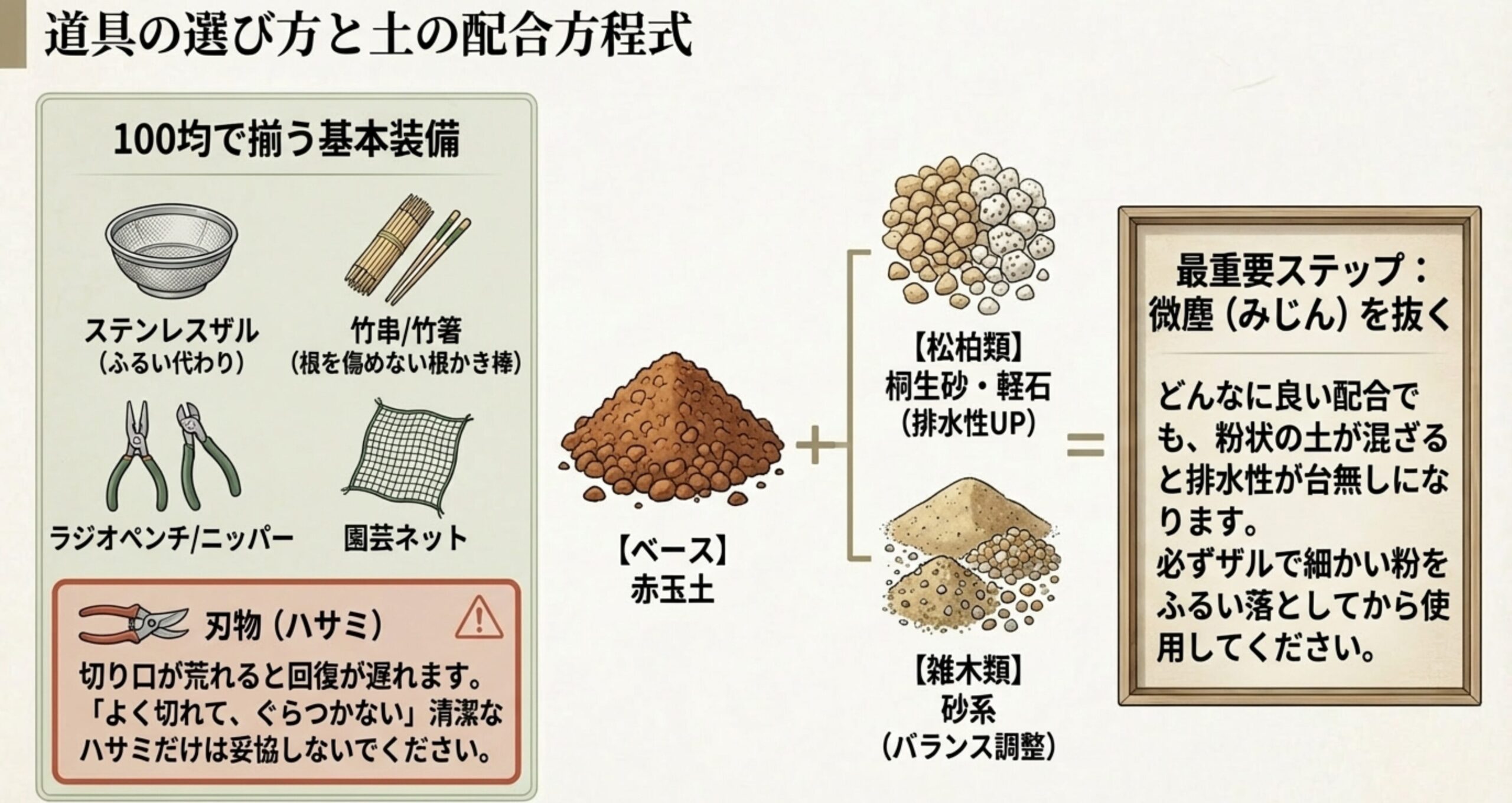 100均で揃うザルやペンチなどの道具と、赤玉土をベースにした用土の配合方程式。刃物選びの注意点や微塵抜きの重要性についての解説図
