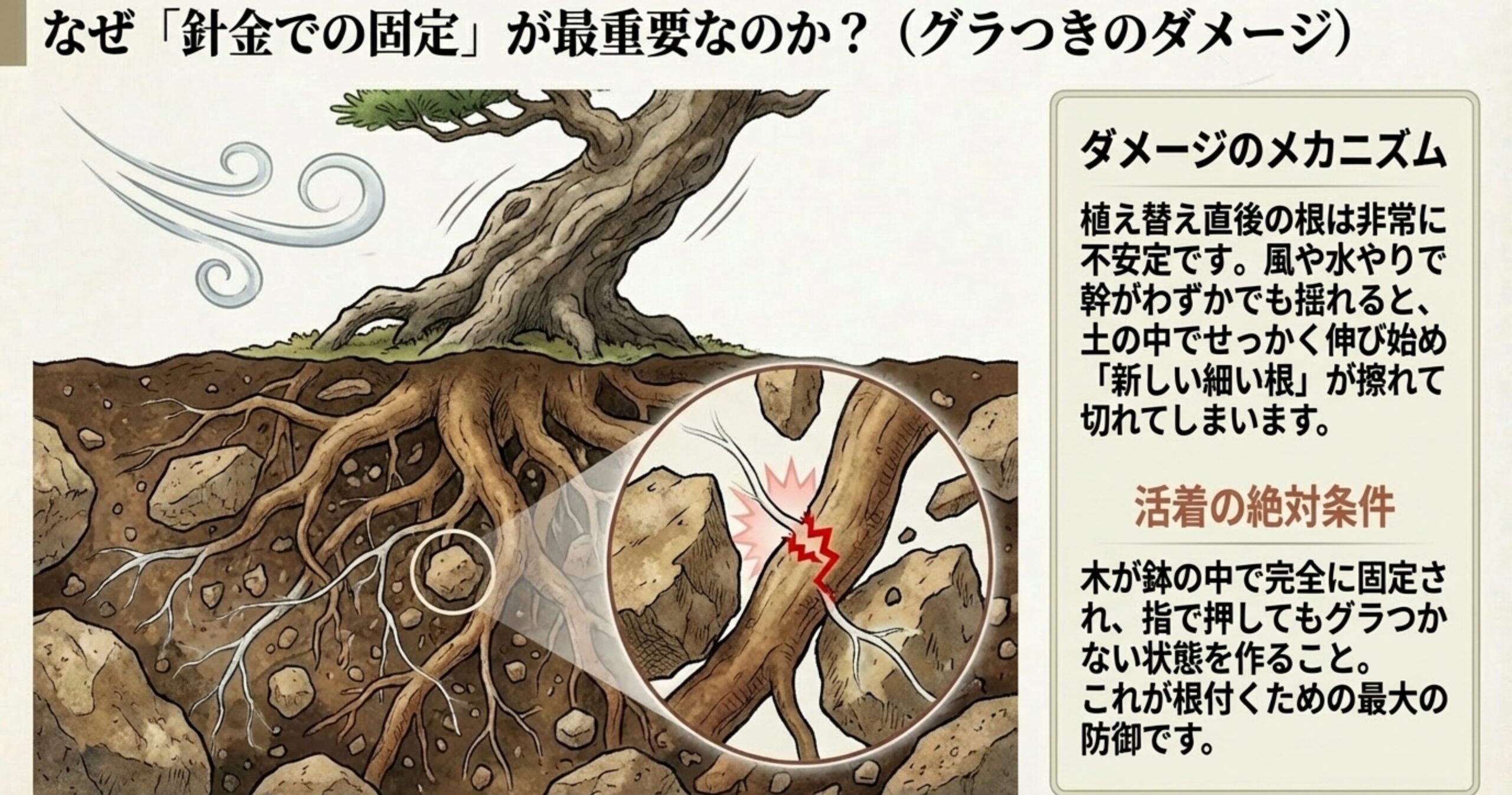 針金での固定が甘いと、風や揺れによって土の中の新しく伸びた繊細な根が擦れて切断されてしまうダメージのメカニズム図