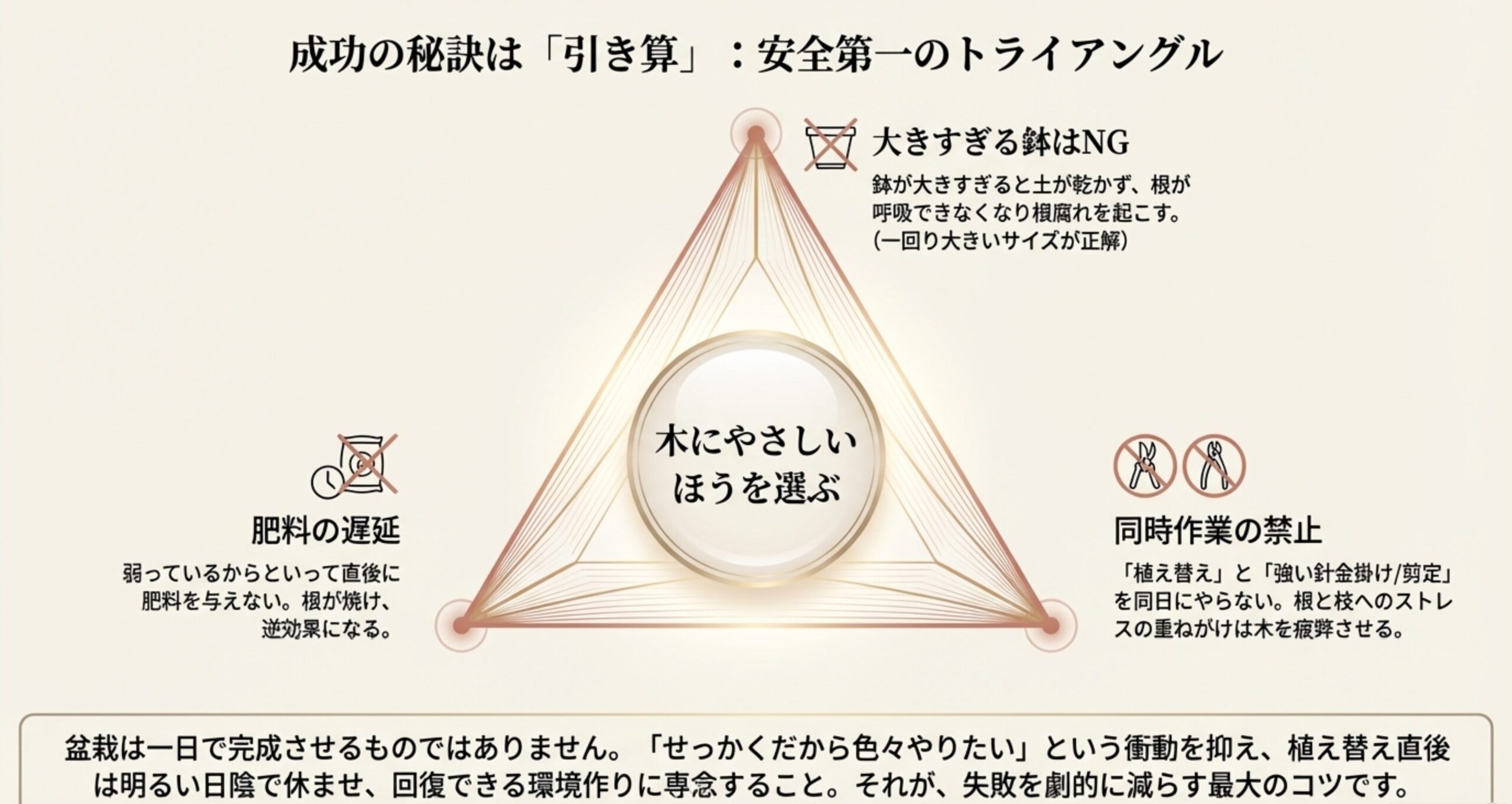 大きすぎる鉢はNG、肥料の遅延、同時作業の禁止という、盆栽の植え替えを成功させるための安全第一のトライアングル図