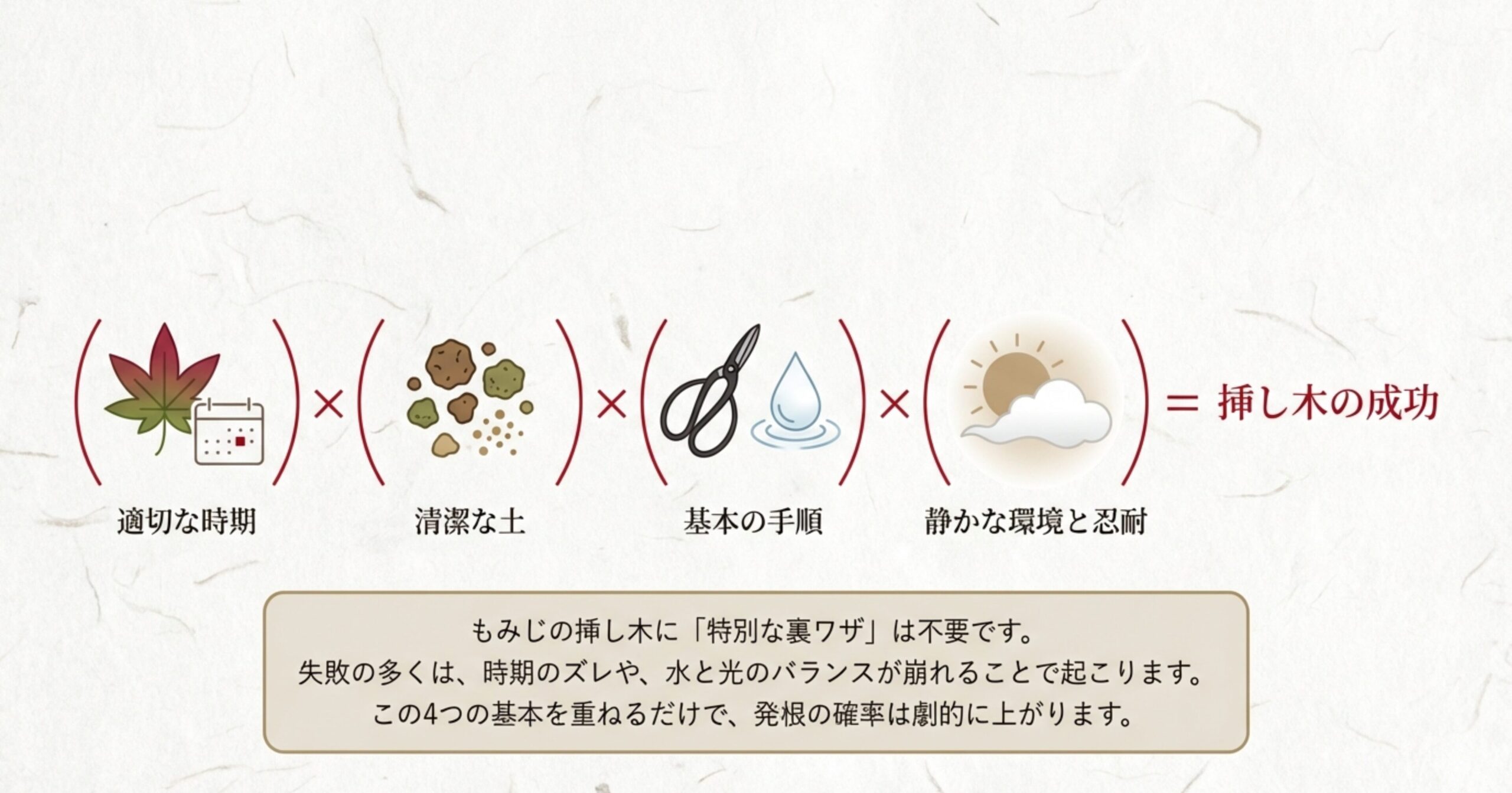 挿し木の成功を導く4つの要素(適切な時期、清潔な土、基本の手順、静かな環境と忍耐)を示した図解。特別な裏ワザは不要であると説明している。