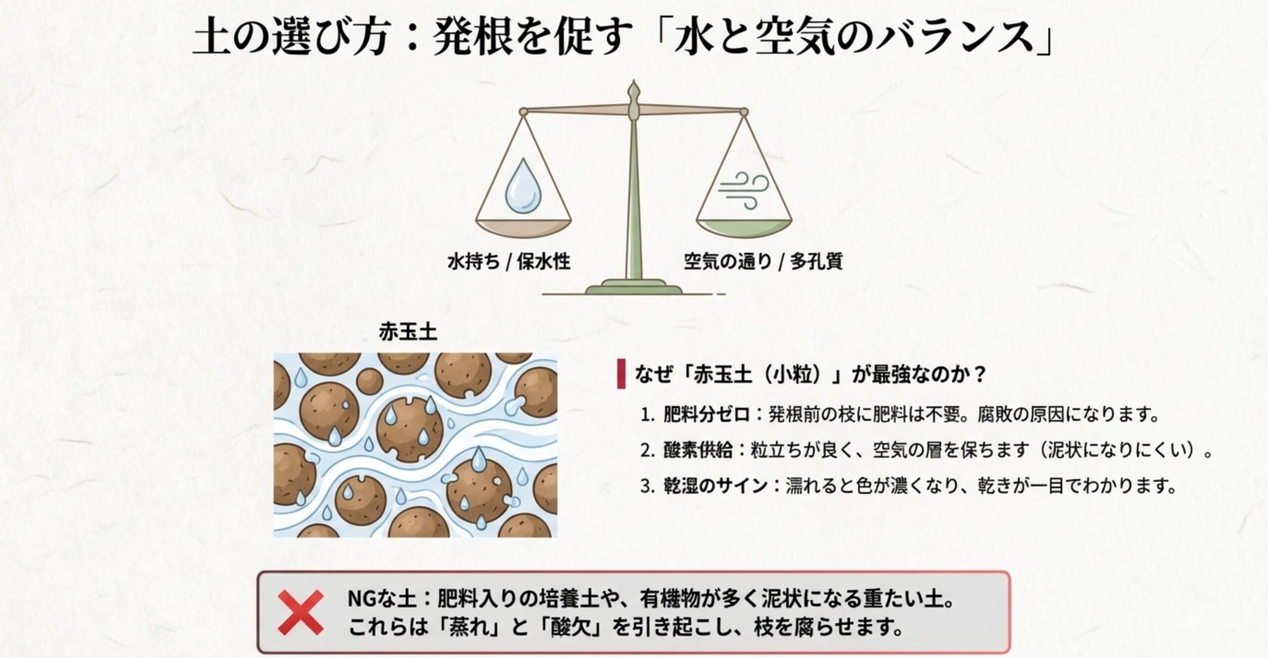 水(保水性)と空気(多孔質)のバランスを示す天秤のイラストと、赤玉土の粒と隙間を通る水・空気の図解。赤玉土小粒が最強である理由が書かれている。