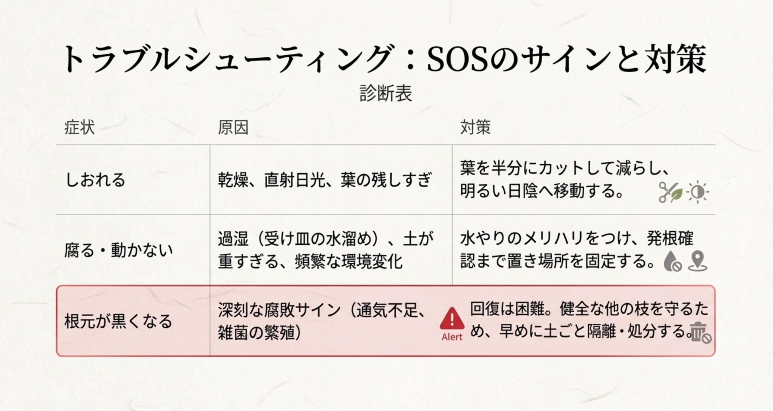 しおれる・腐る・動かないといった症状や、根元が黒くなる症状について、その原因と対策をまとめた診断表。根元が黒くなる場合は早めに処分するよう警告している。