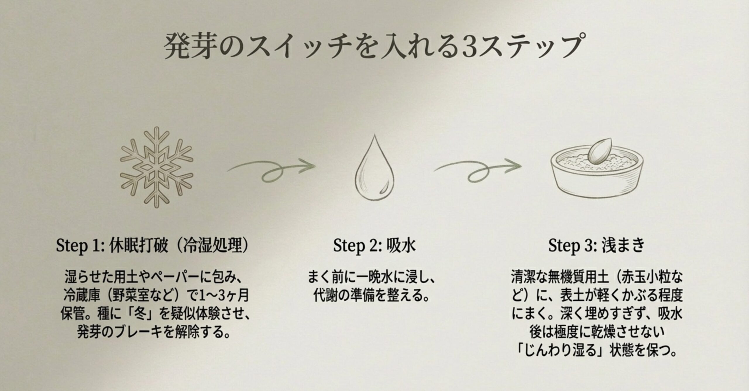 雪の結晶のイラストとともに、発芽を促すための「休眠打破（冷湿処理）」「吸水」「浅まき」の3つのステップを図解で解説したスライド画像。