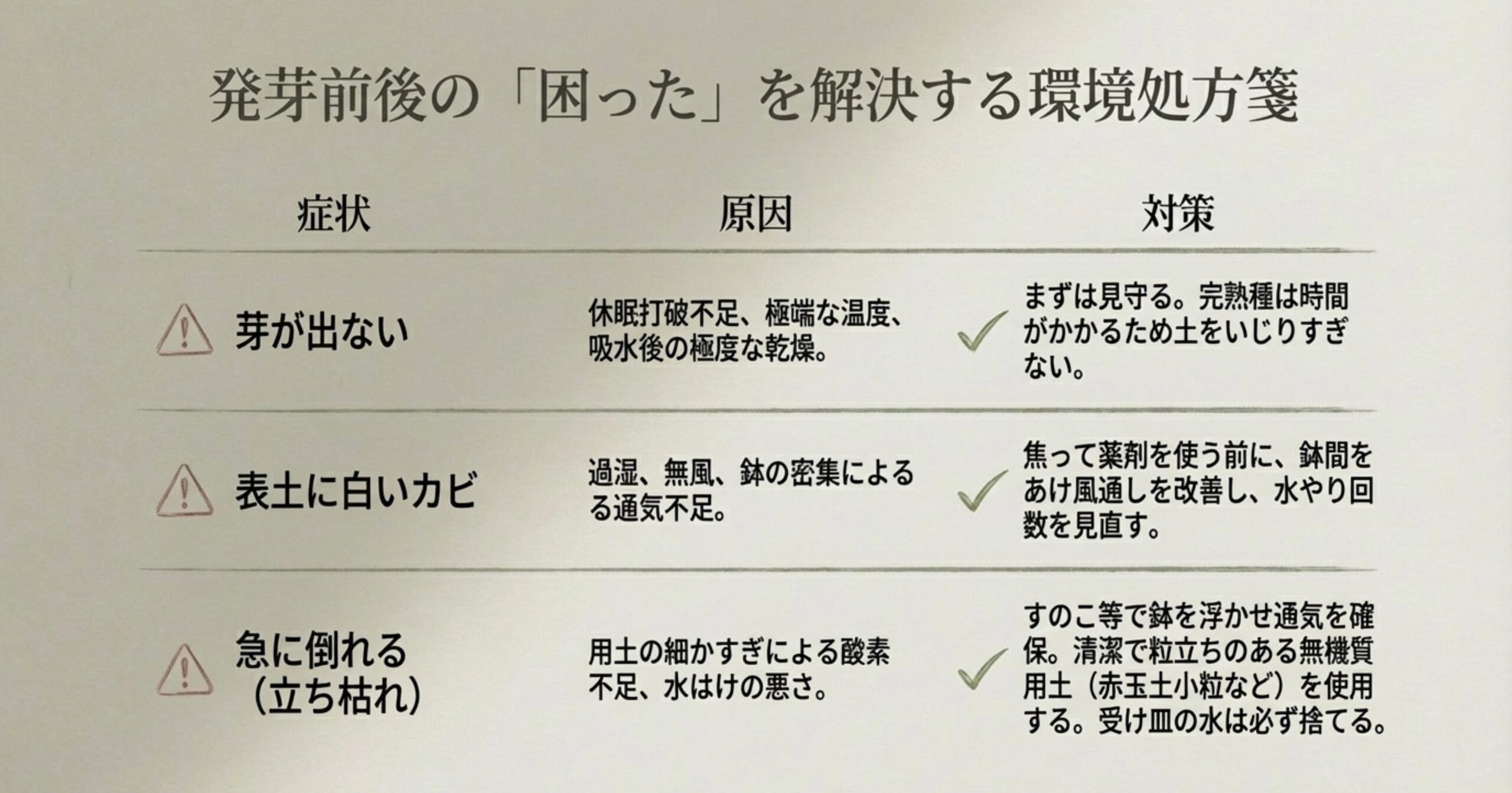 芽が出ない、表土に白いカビが生える、立ち枯れするといった初期症状に対する、原因と対策をまとめたトラブルシューティング表のスライド画像。