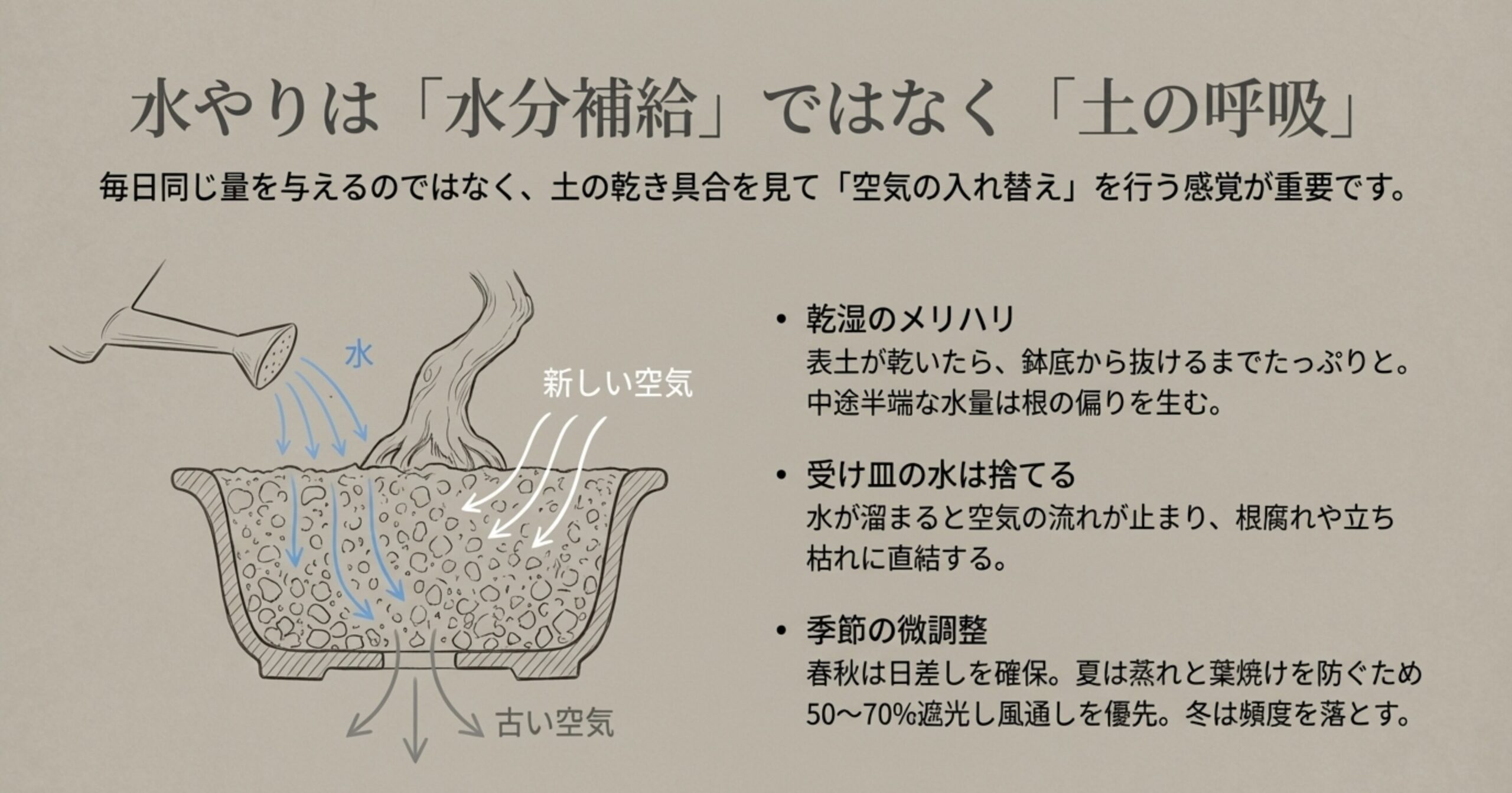 ジョウロで水を注ぐことで、鉢の中の古い空気が押し出され、新しい空気が入り込む「土の呼吸」のメカニズムを描いた図解スライド画像。