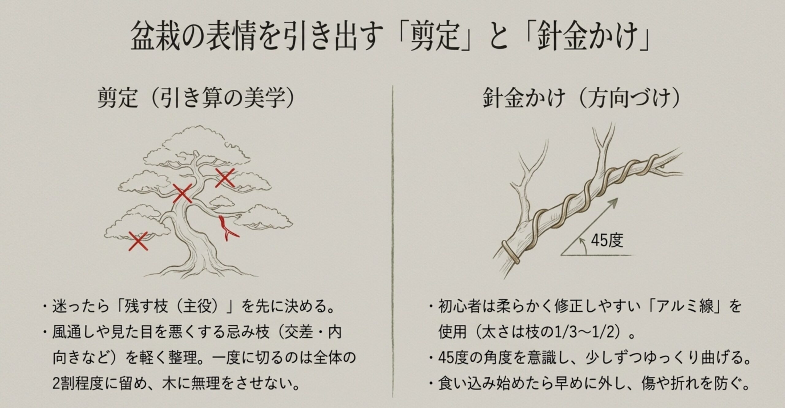 不要な忌み枝を切り落とす剪定の位置を示す図と、枝に対して45度の角度で針金を巻く様子を描いた図解スライド画像。
