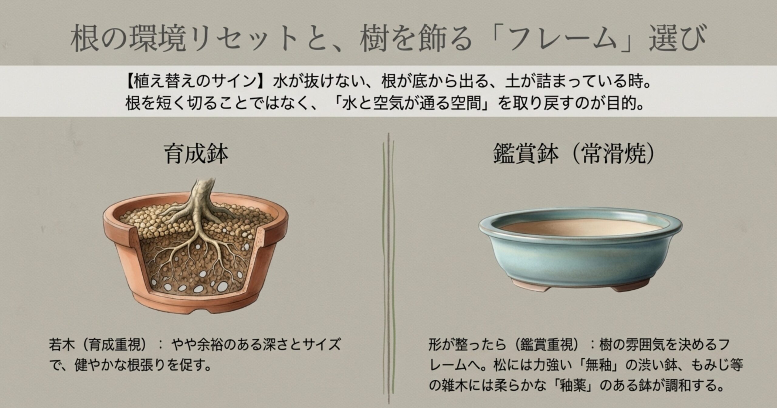 鉢の中の根の張り方や土の構造を示す断面図と、美しい常滑焼の盆栽鉢が描かれ、育成鉢と鑑賞鉢の使い分けについて解説したスライド画像。