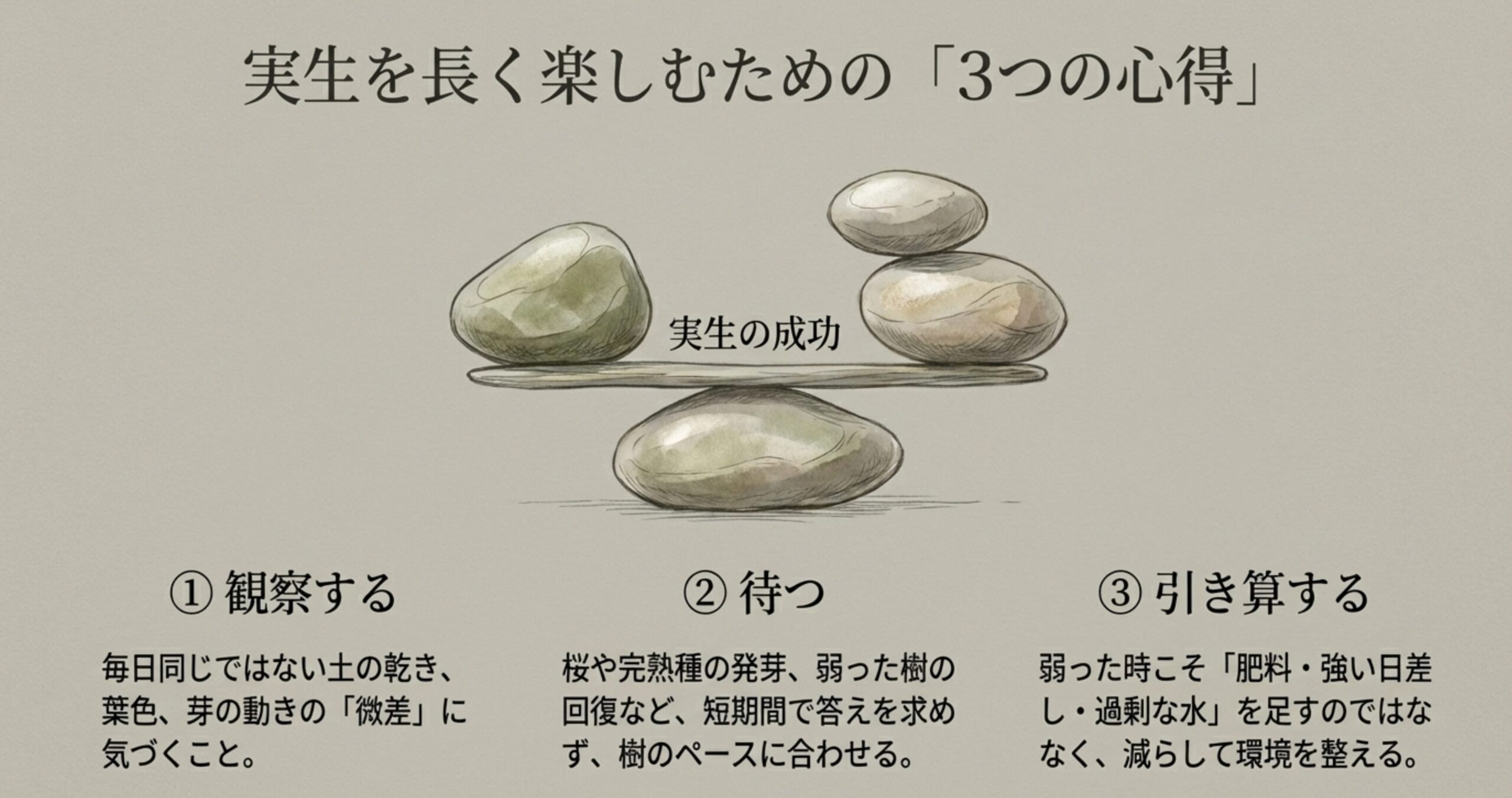 絶妙なバランスで積み上げられた石のイラストとともに、実生の成功を支える「観察する」「待つ」「引き算する」という3つの心得が書かれたスライド画像。