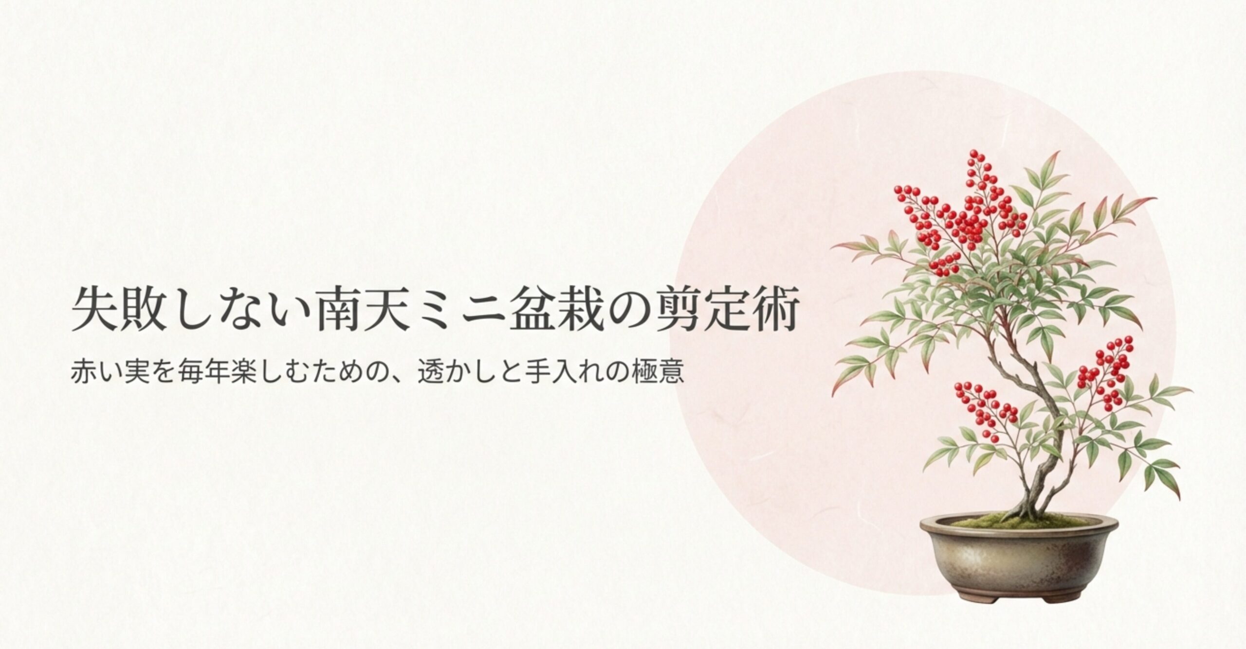失敗しない南天ミニ盆栽の剪定術と、赤い実を毎年楽しむための手入れの極意というタイトルが書かれたスライド画像。