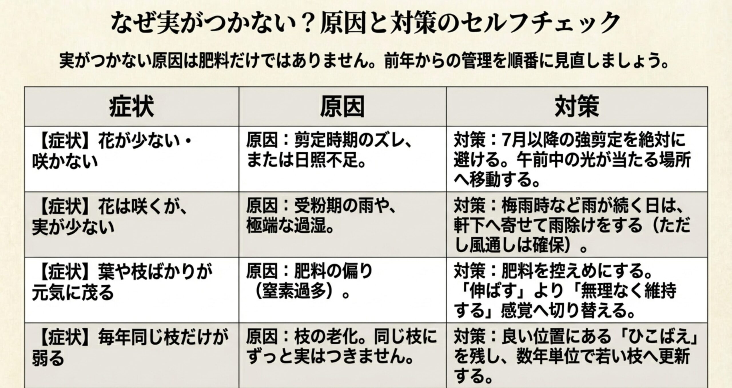 花が少ない、実が少ない、枝葉ばかり茂る、枝の老化といった症状に合わせて、剪定時期や日照、受粉期の雨対策などの解決策をまとめた表