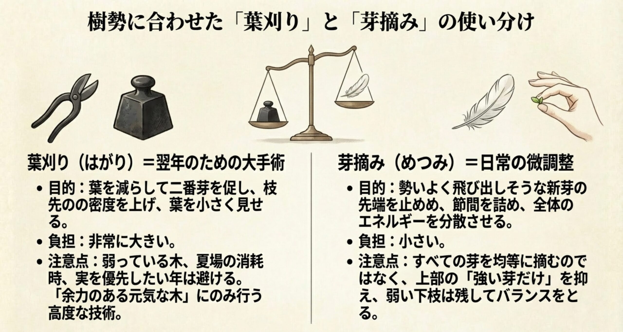 負担の大きい「大手術」である葉刈りと、負担が小さく日常的に行う「微調整」である芽摘みの、目的と注意点を天秤のイラストで比較したスライド。