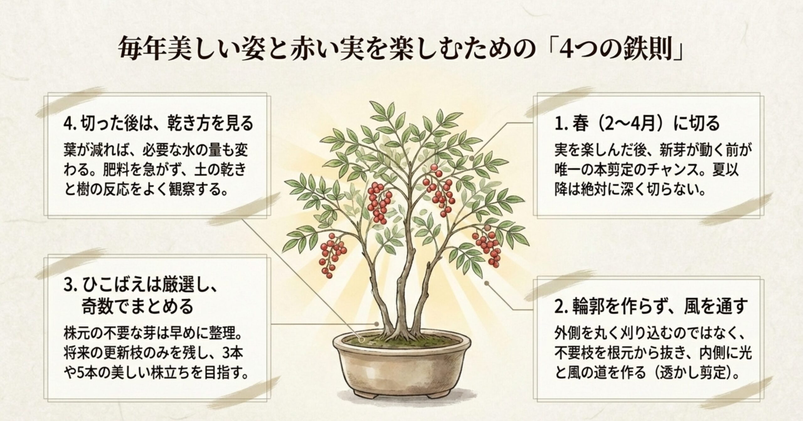 春に切る、輪郭を作らず透かす、ひこばえを厳選する、乾き方を見るという、南天を健康に保ち実を楽しむための4つのポイントをまとめたイラスト。
