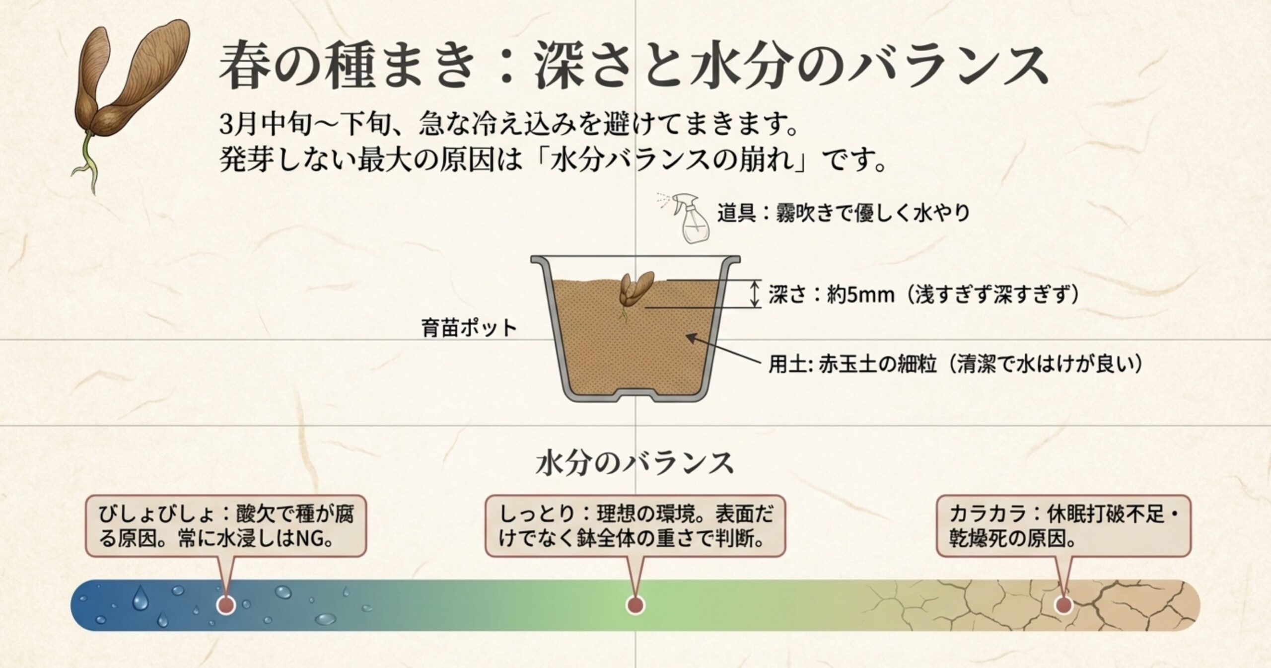 育苗ポットに深さ5mmで種をまく図解と、びしょびしょ（NG）、しっとり（理想）、カラカラ（NG）の水分バランス比較。