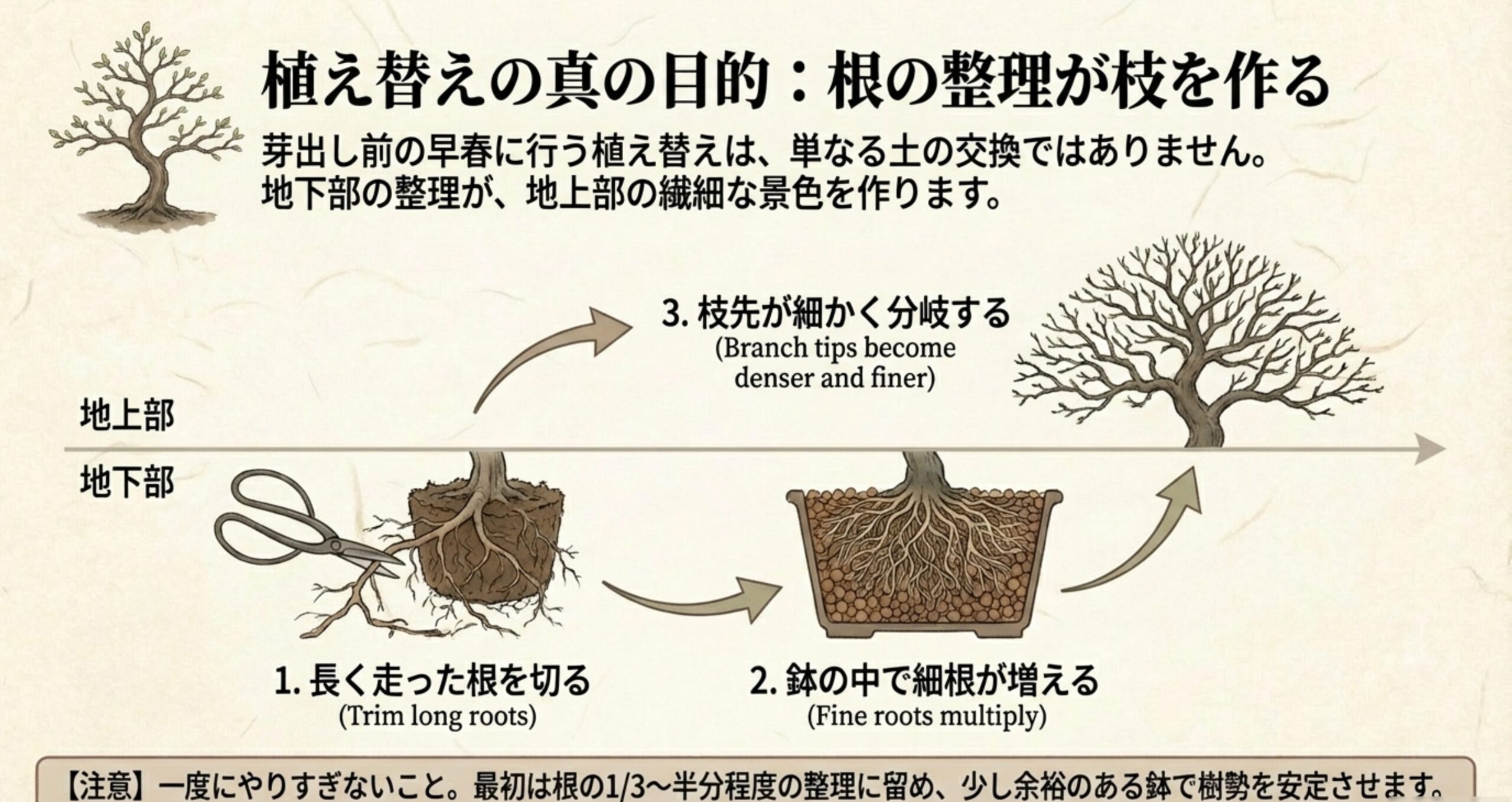 長く走った根を切ることで鉢の中に細根が増え、結果として地上部の枝先が細かく分岐する仕組みの図解。