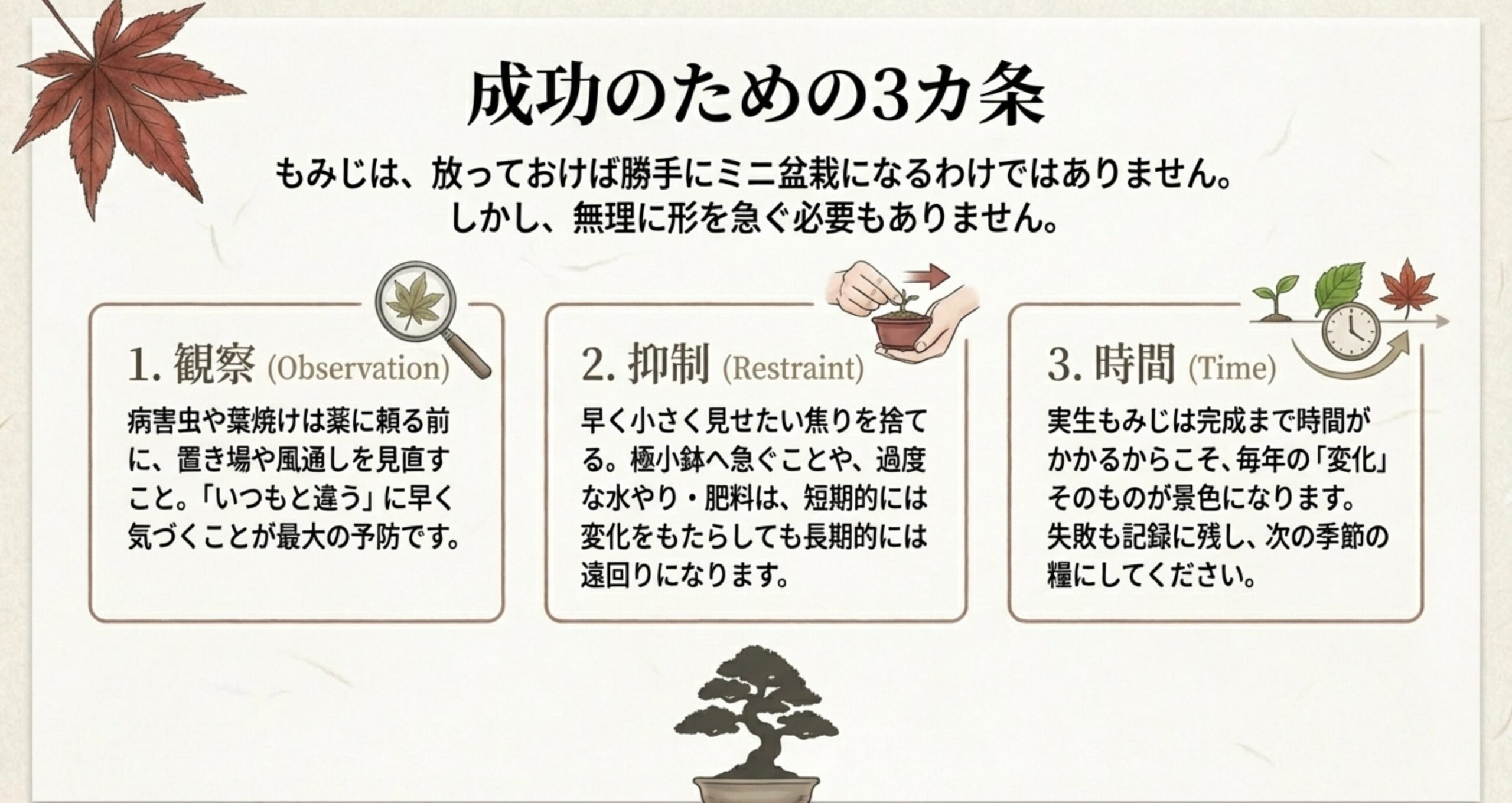 観察（早めの気づき）、抑制（焦りを捨てる）、時間（変化を楽しむ）の3つの成功原則。