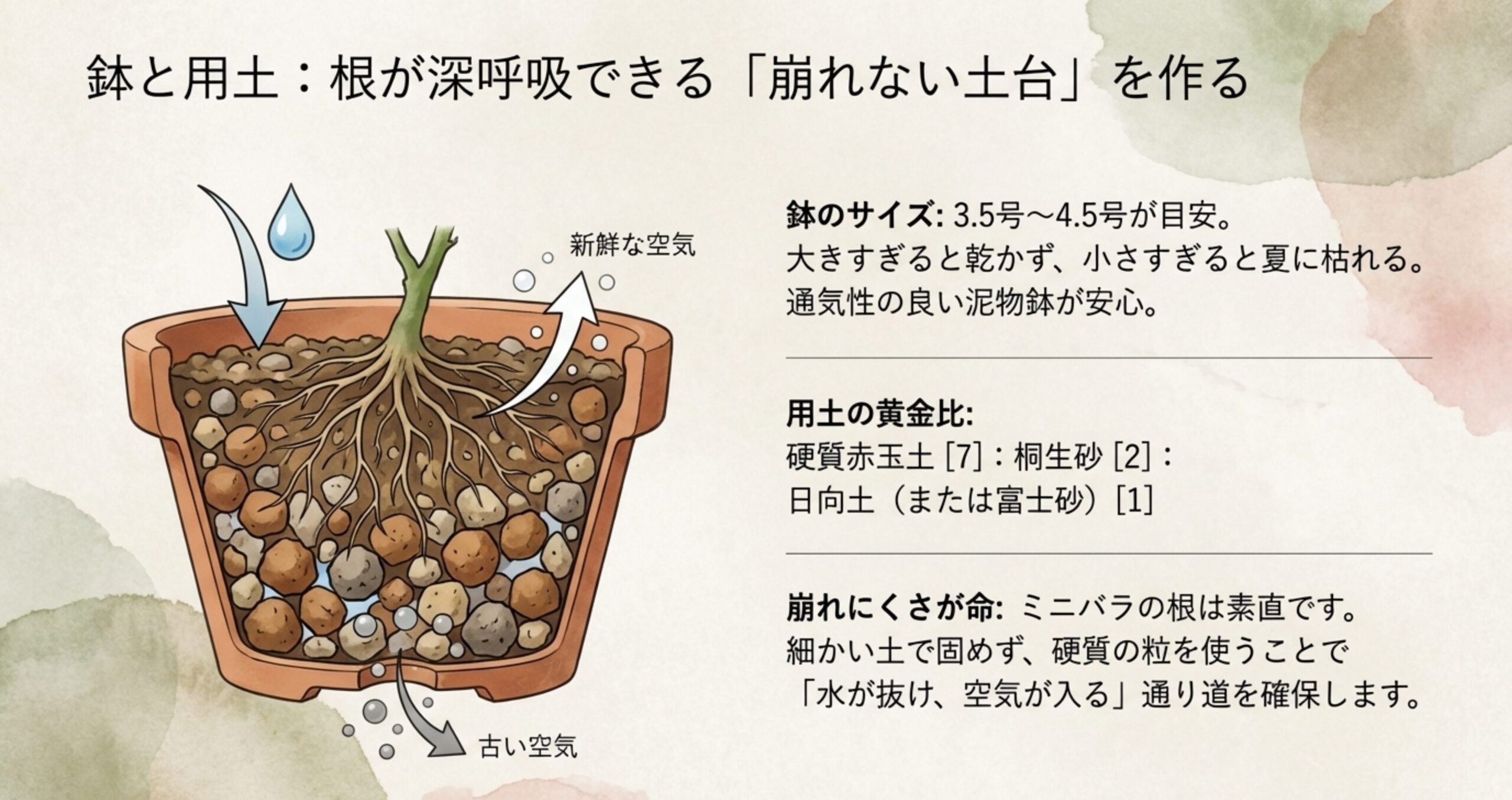 盆栽鉢の中の空気と水の流れを示す図。3.5号から4.5号の鉢サイズと、赤玉土7・桐生砂2・日向土1の配合比率。