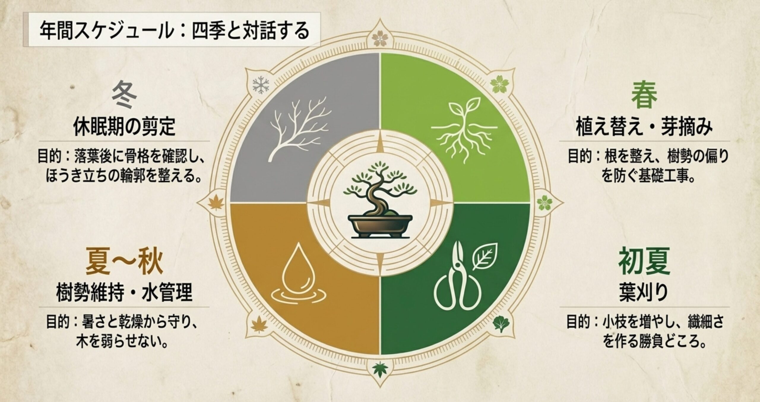 春の植え替えから冬の剪定まで、ケヤキミニ盆栽の四季の手入れサイクルをまとめたスケジュール表