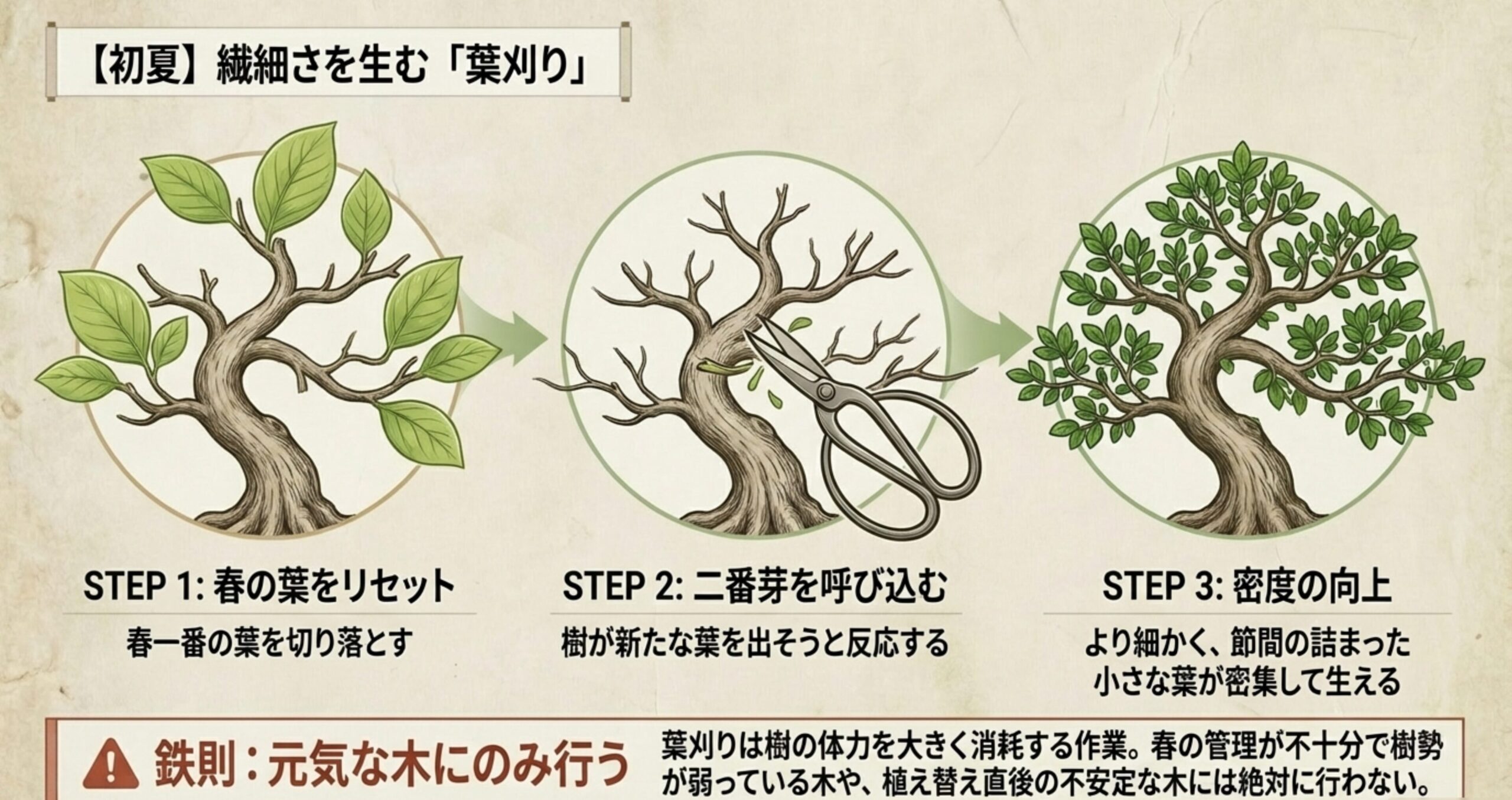 春の葉をリセットし、細かくて節間の詰まった二番芽を呼び込む葉刈りの手順を図解したスライド