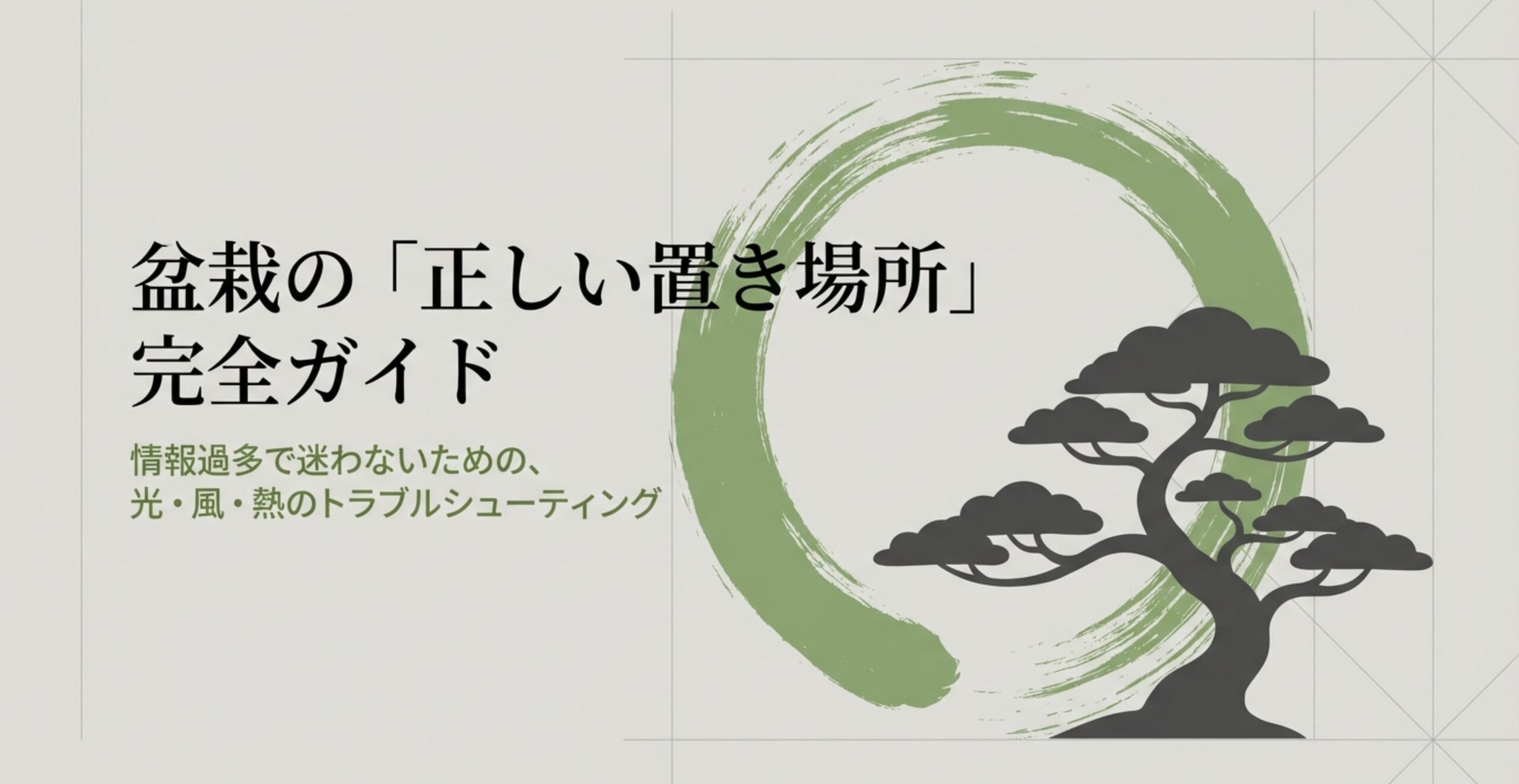 「盆栽の正しい置き場所完全ガイド」というタイトルと、光・風・熱のトラブルシューティングをテーマにした表紙スライド。