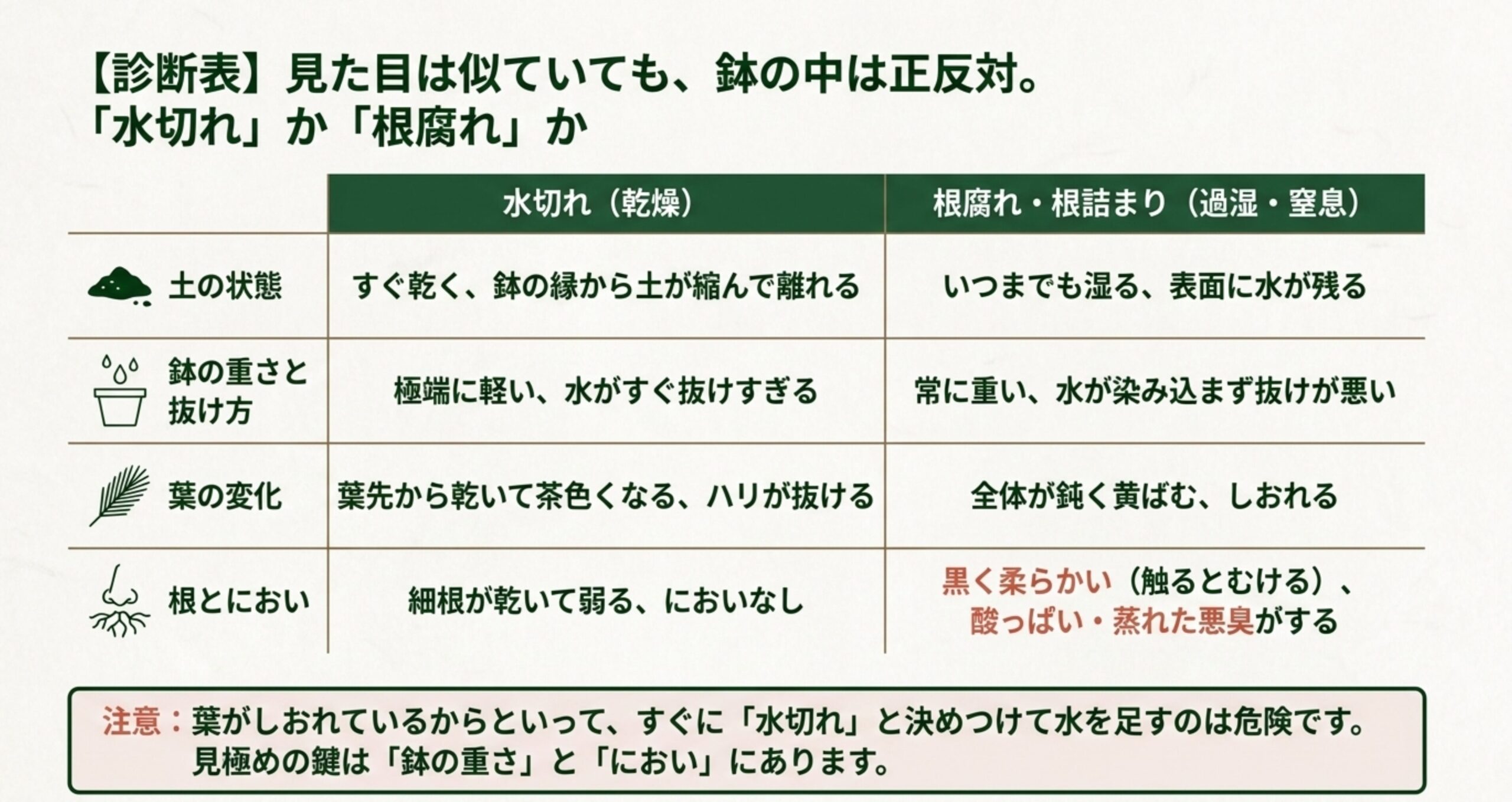 水切れと根腐れ・根詰まりの症状や鉢の重さ、においの違いを比較した診断表