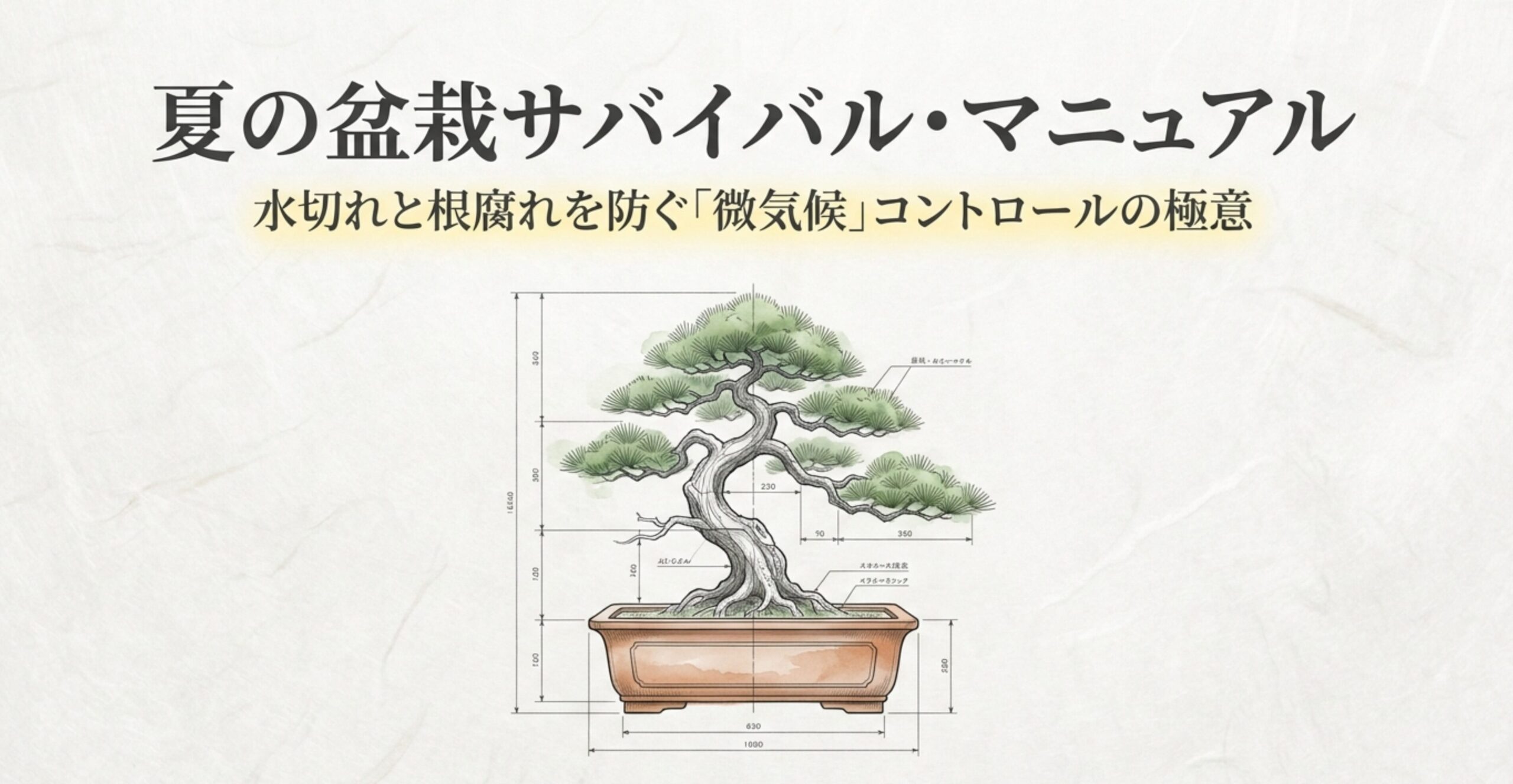 盆栽の寸法図と夏の管理マニュアルの表紙画像。水切れと根腐れを防ぐ微気候コントロールの極意と記載されている。 スライド2：夏の管理は「水切れ」と「根腐れ」の綱