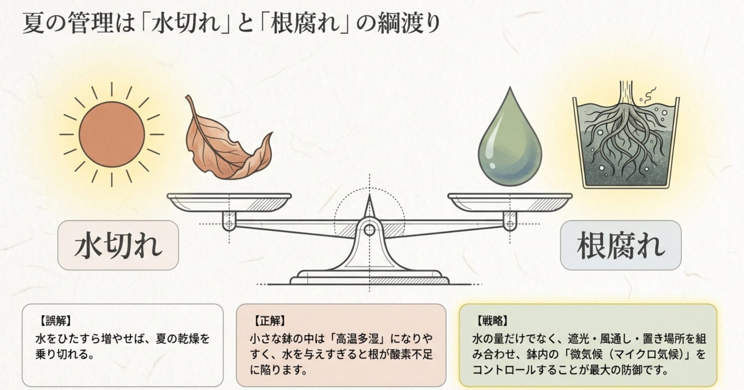 天秤のイラストで水切れ（太陽と枯れ葉）と根腐れ（水滴と浸水した根）のバランスを表現した図解。