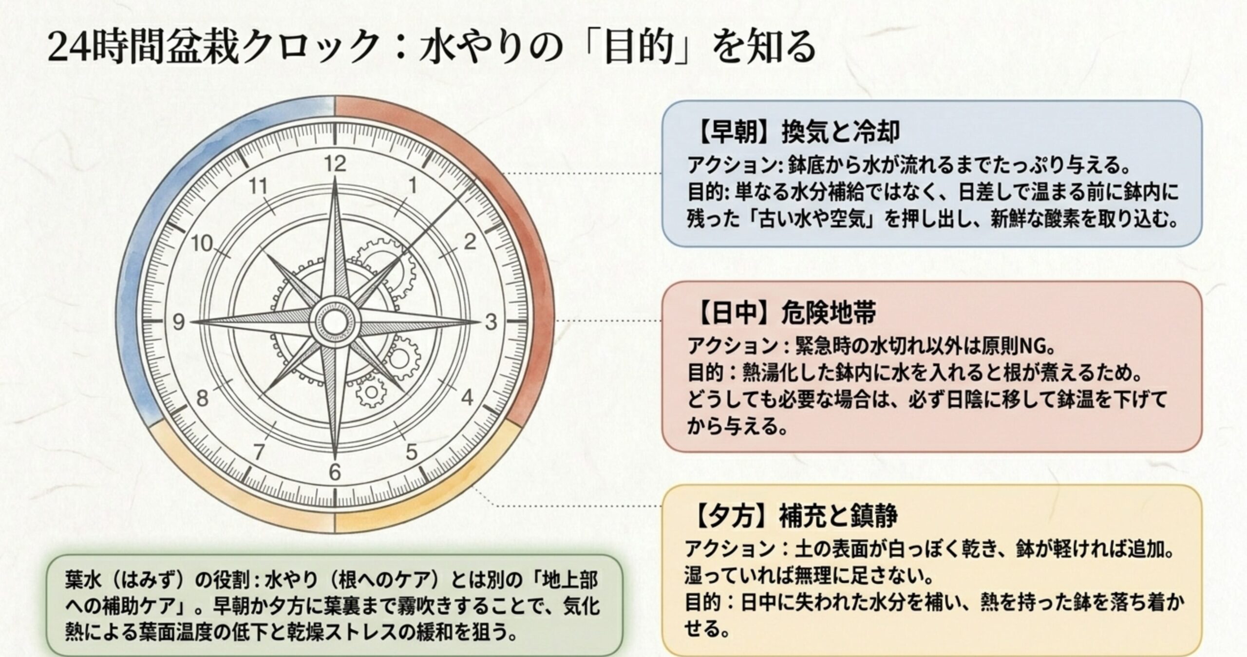 盆栽の1日の水やりタイミングを示す24時間時計の図解。早朝の換気と冷却、日中の危険地帯、夕方の補充と鎮静の目的を解説している。