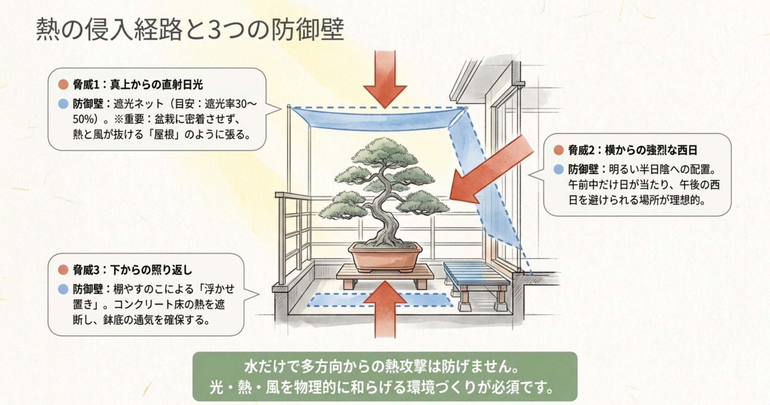 ベランダに置かれた盆栽の図解。真上からの直射日光、横からの西日、下からの照り返しという3つの熱の脅威と、遮光ネットや半日陰、すのこによる防御策を説明している。