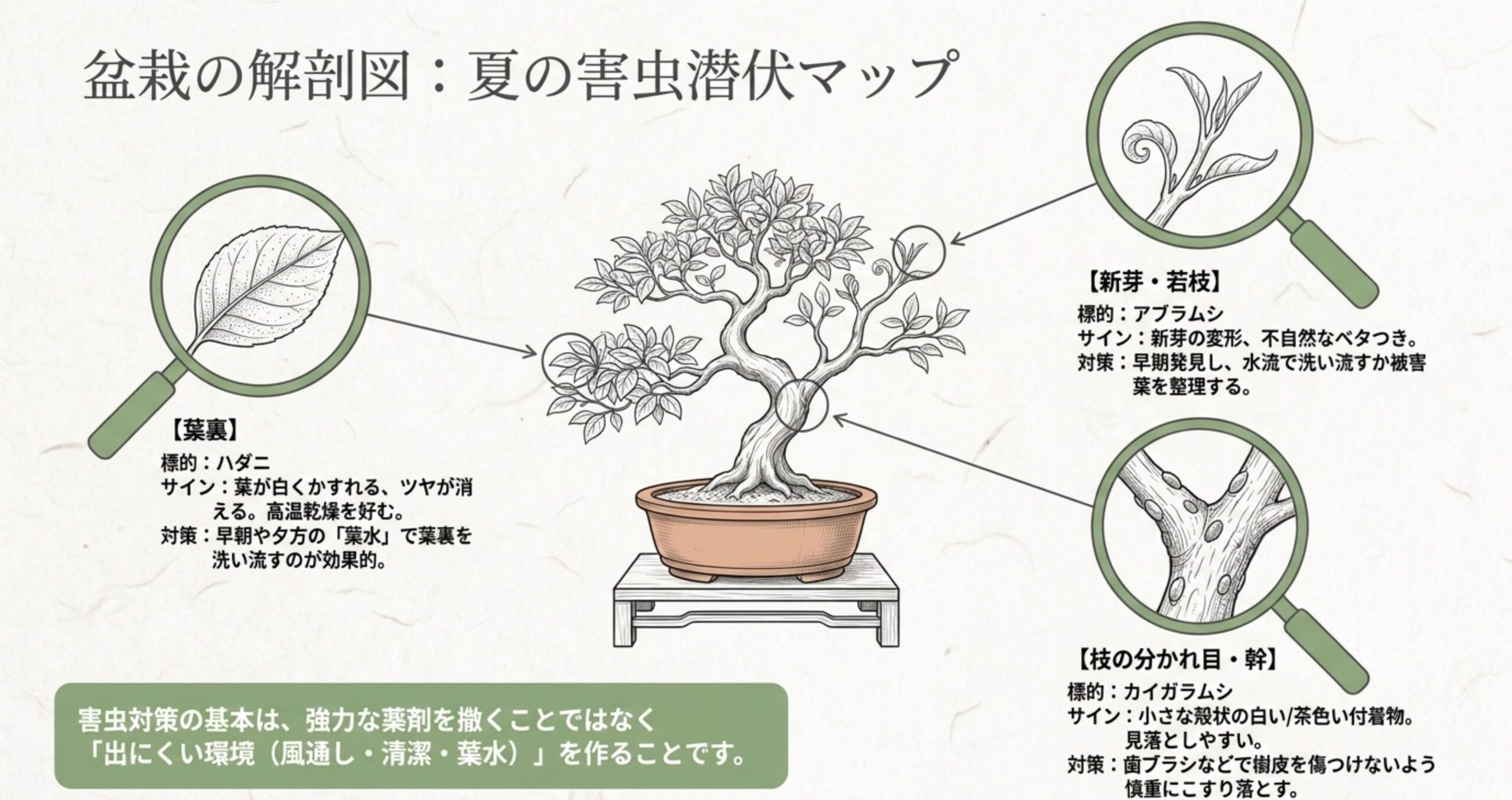 盆栽の各部位に潜む害虫の図解。葉裏のハダニ、新芽や若枝のアブラムシ、枝の分かれ目や幹のカイガラムシのサインと日常の対策をまとめている。