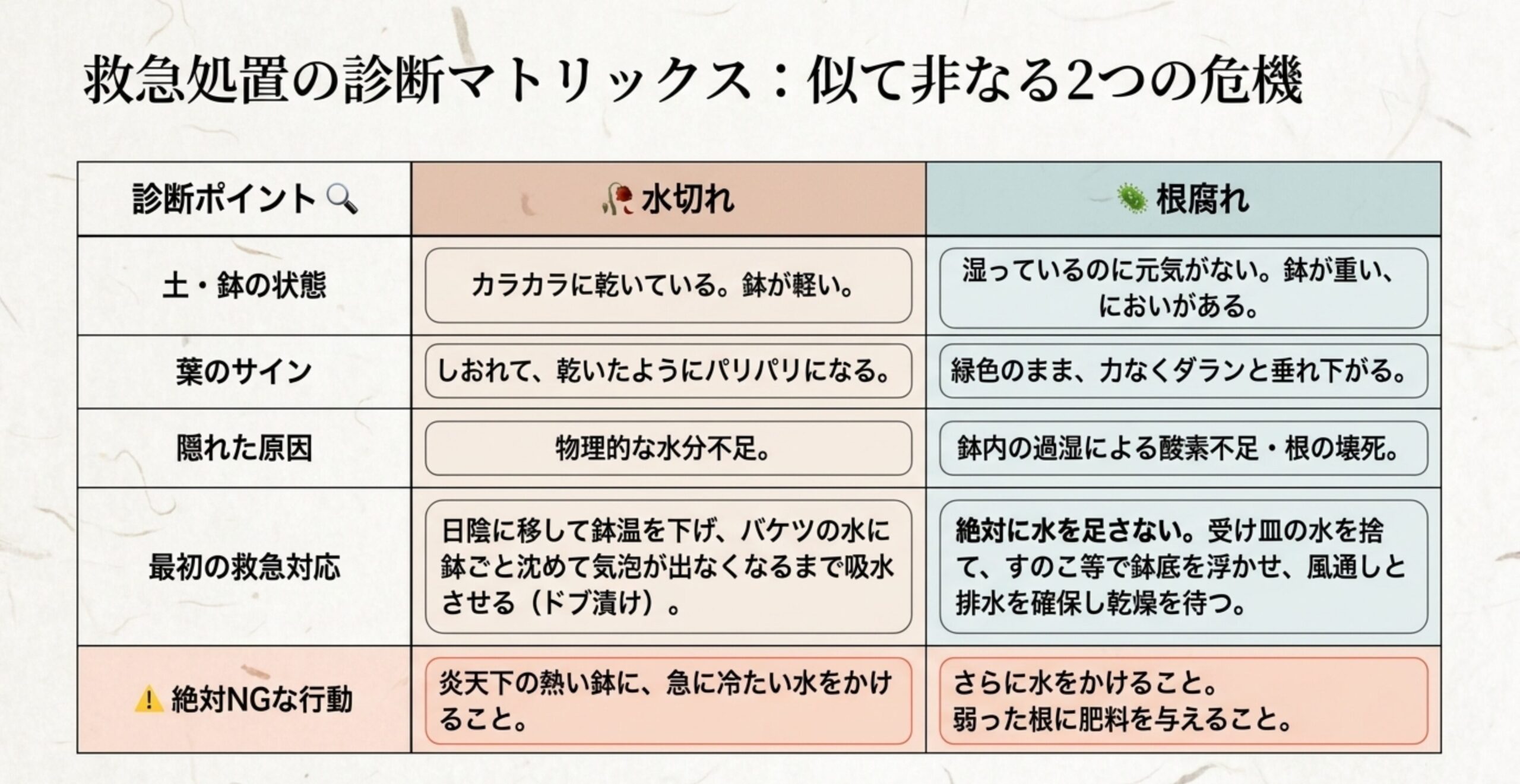 水切れと根腐れの症状と対策を比較した表。土の状態、葉のサイン、原因、最初の対応、絶対にしてはいけないNG行動をマトリックス形式でまとめている。