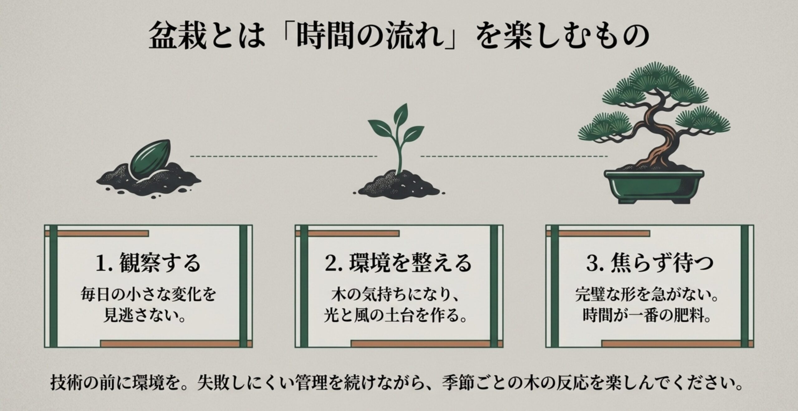 観察する、環境を整える、焦らず待つという、黒松と向き合うための3つの基本姿勢
