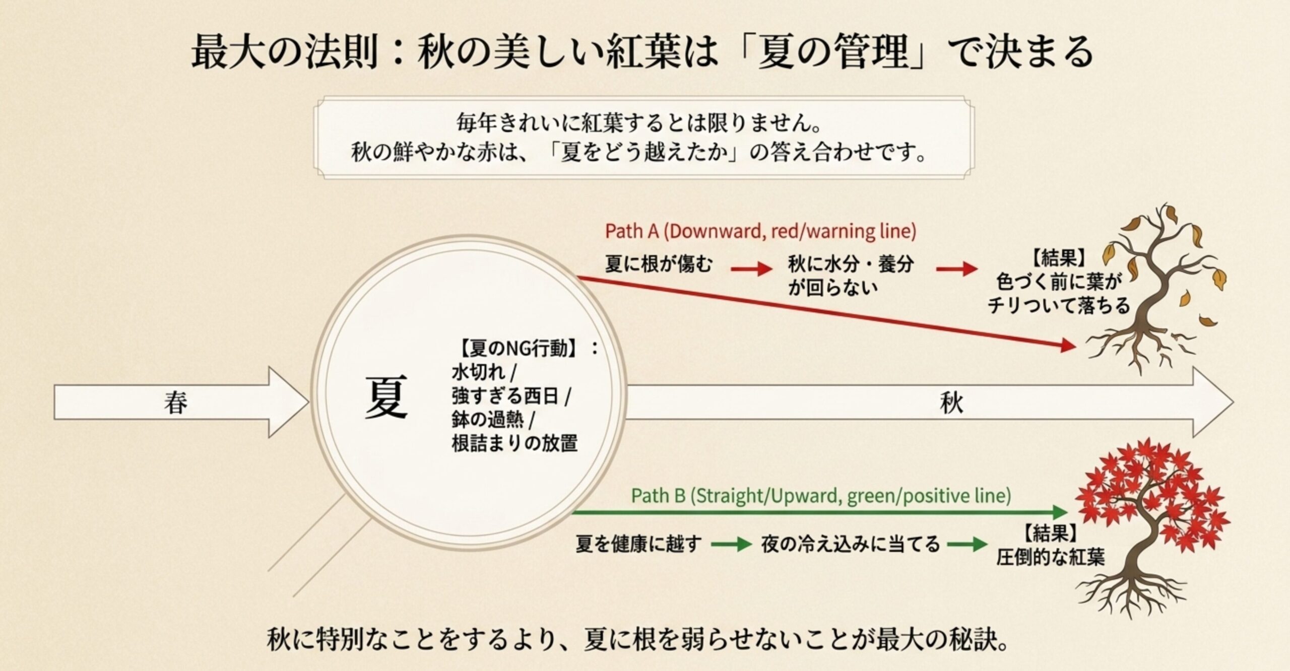 秋の美しい紅葉は夏の健康な管理と夜の冷え込みで決まることを示すメカニズム図