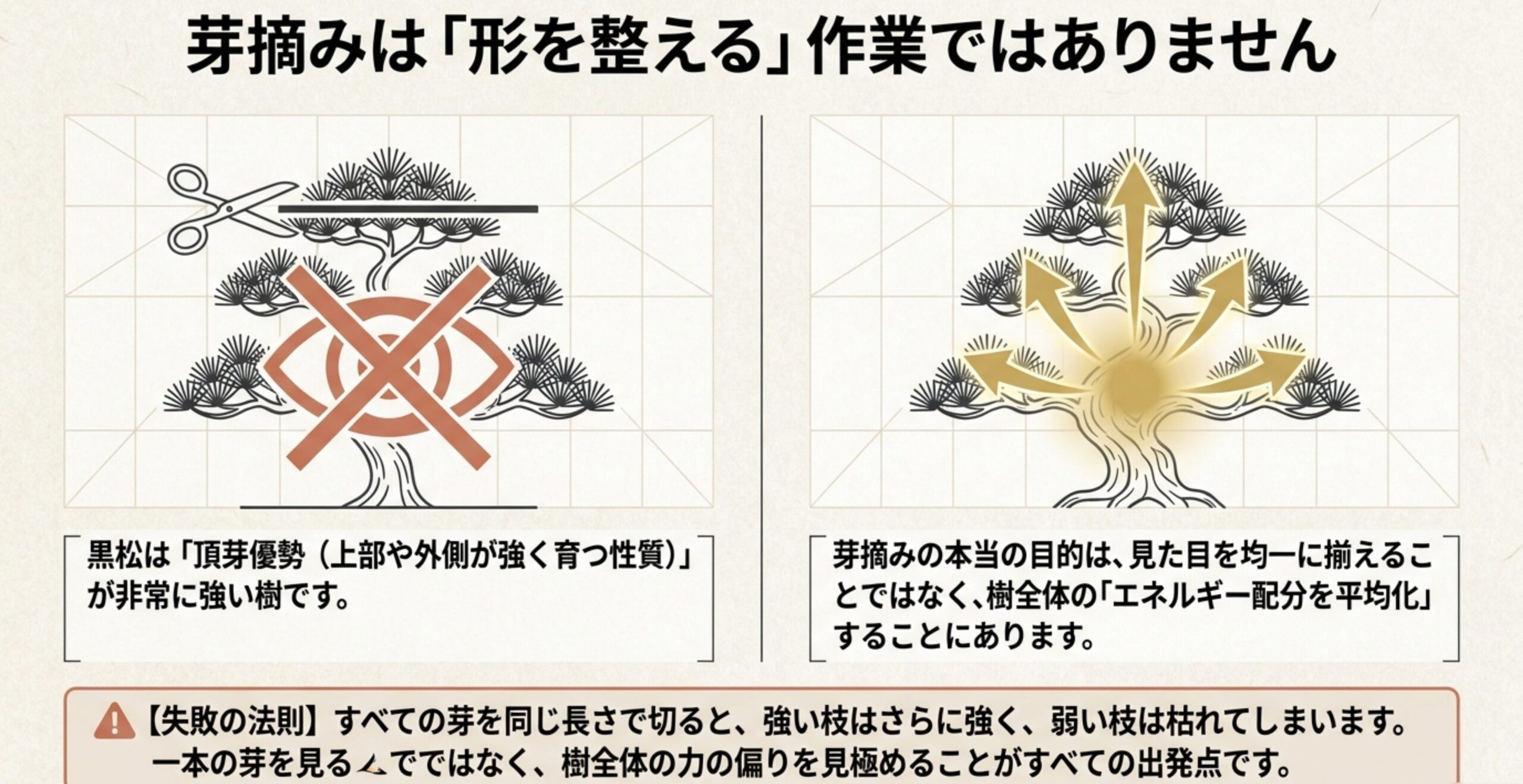 盆栽の樹冠を真っ直ぐにハサミで切り揃えるイメージにNGマークがつけられ、見た目ではなくエネルギー配分を平均化することが目的であると説明したスライド画像