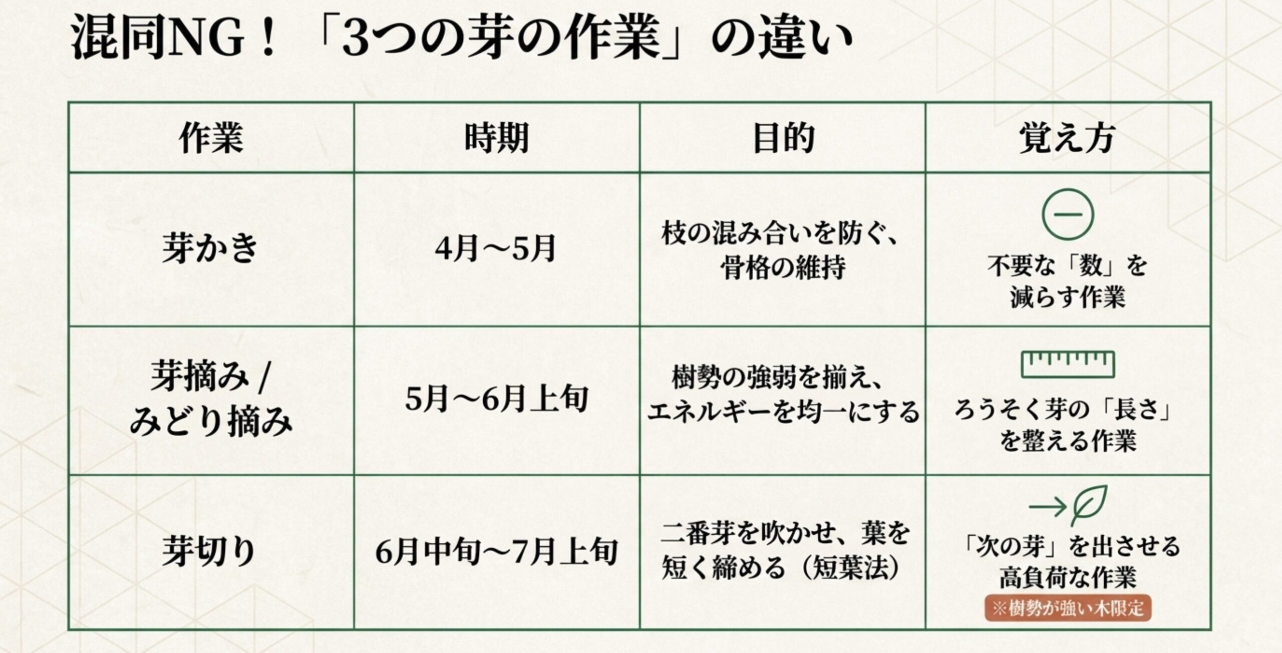 芽かき・芽摘み（みどり摘み）・芽切りの適切な時期と目的、覚え方をまとめた比較表のスライド画像
