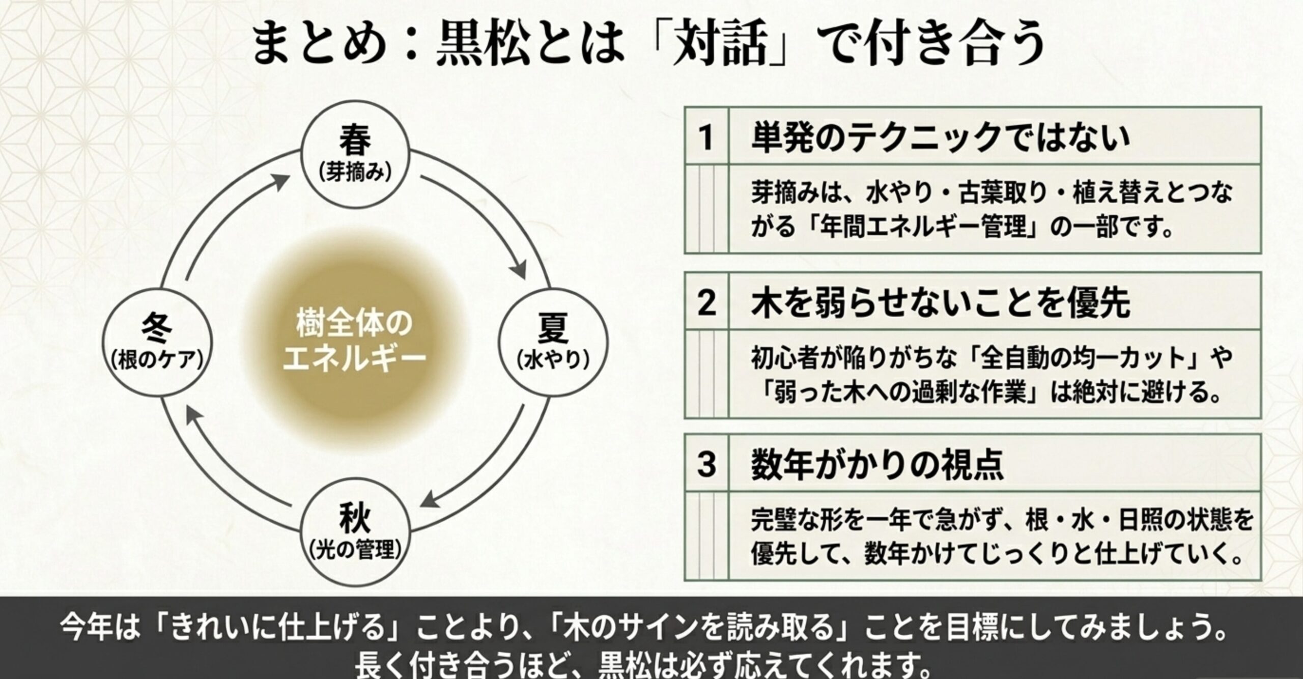 春の芽摘みから夏・秋・冬を経て樹全体のエネルギーを管理する年間サイクル図と、黒松と対話で付き合うための3つの心構えが書かれたまとめスライド画像